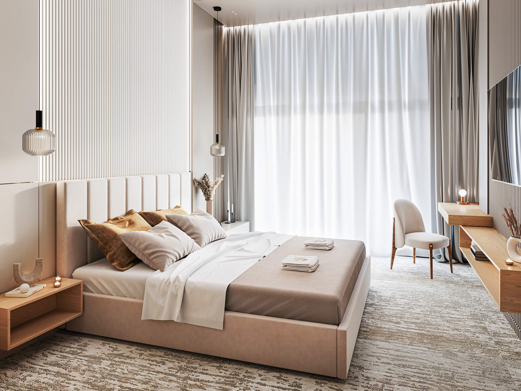 Sypialnia z toaletką i dużym oknem.