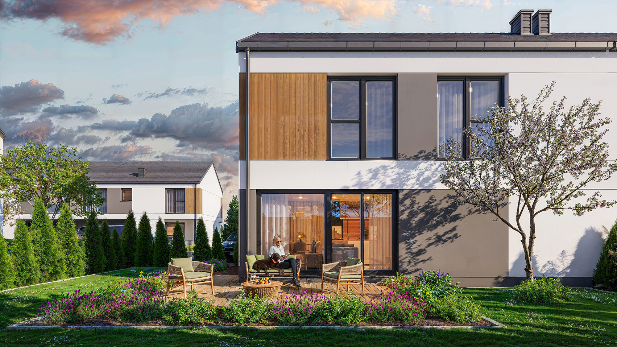 Dom szeregowy z ogrodem i tarasem.