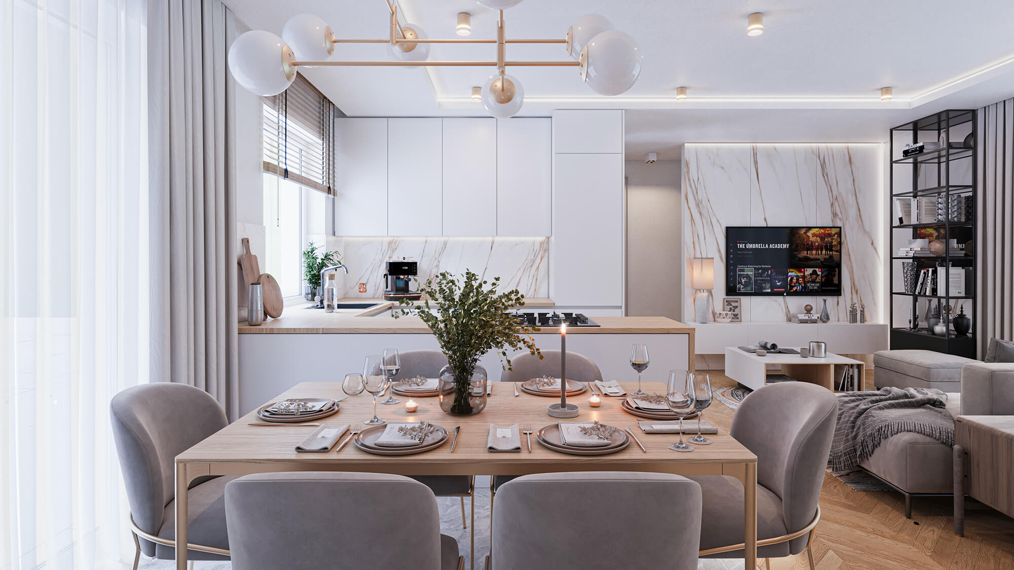 Strefa dzienna z kuchnią, jadalnią i salonem w jasnym, eleganckim stylu.