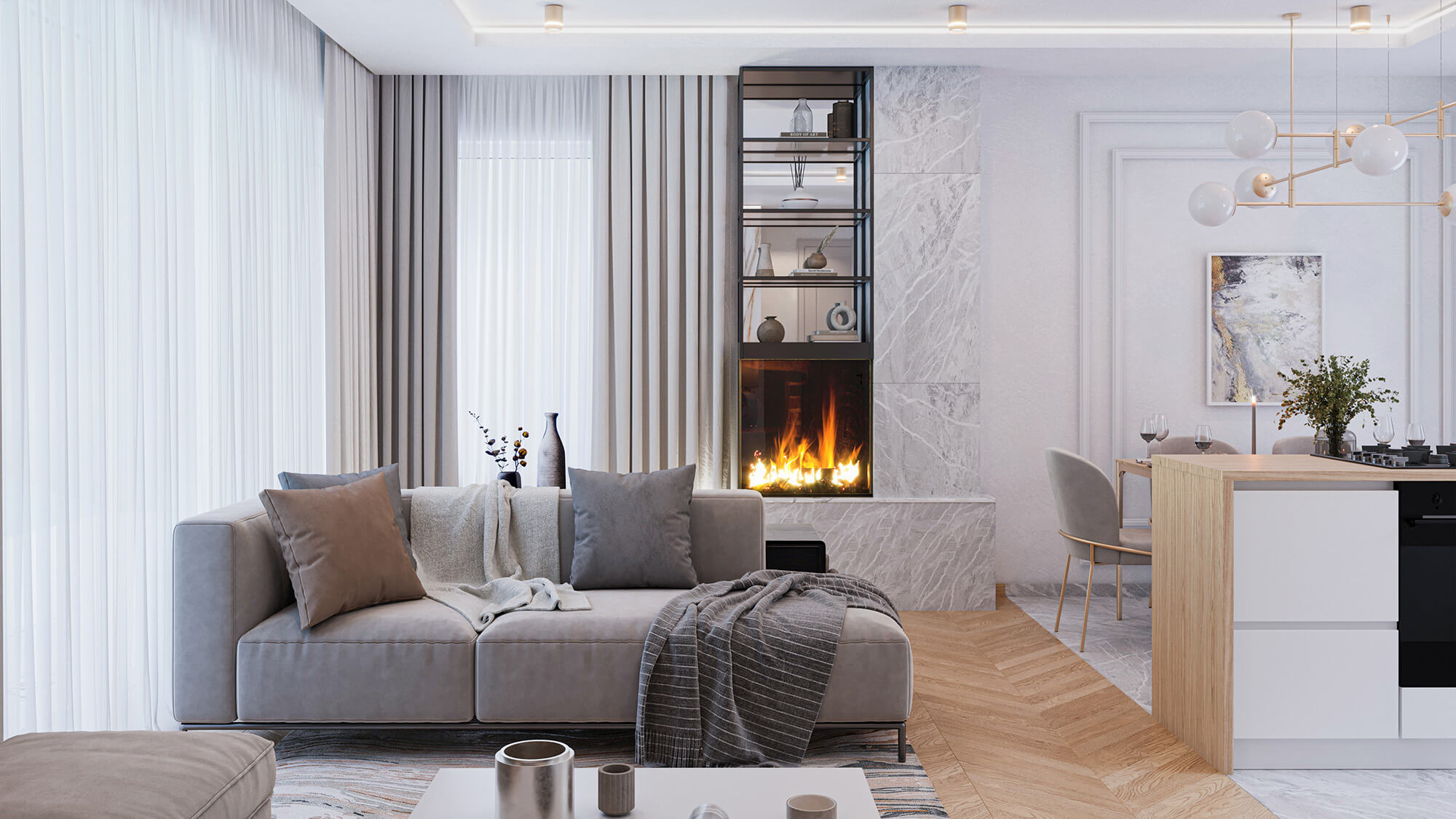 Elegancji salon z zabudowanym kominkiem.