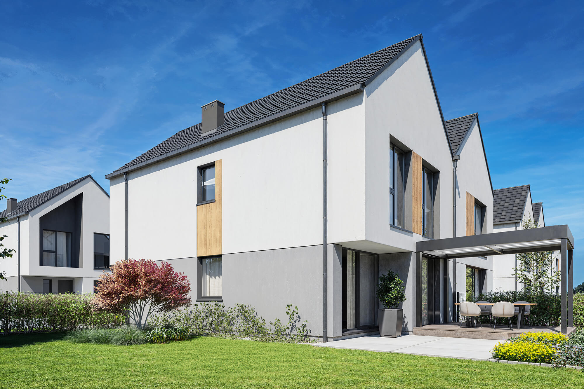 Wizualizacje 3D inwestycji Tres Home - Domek bliźniaczy z ogrodem i zadaszonym tarasem.
