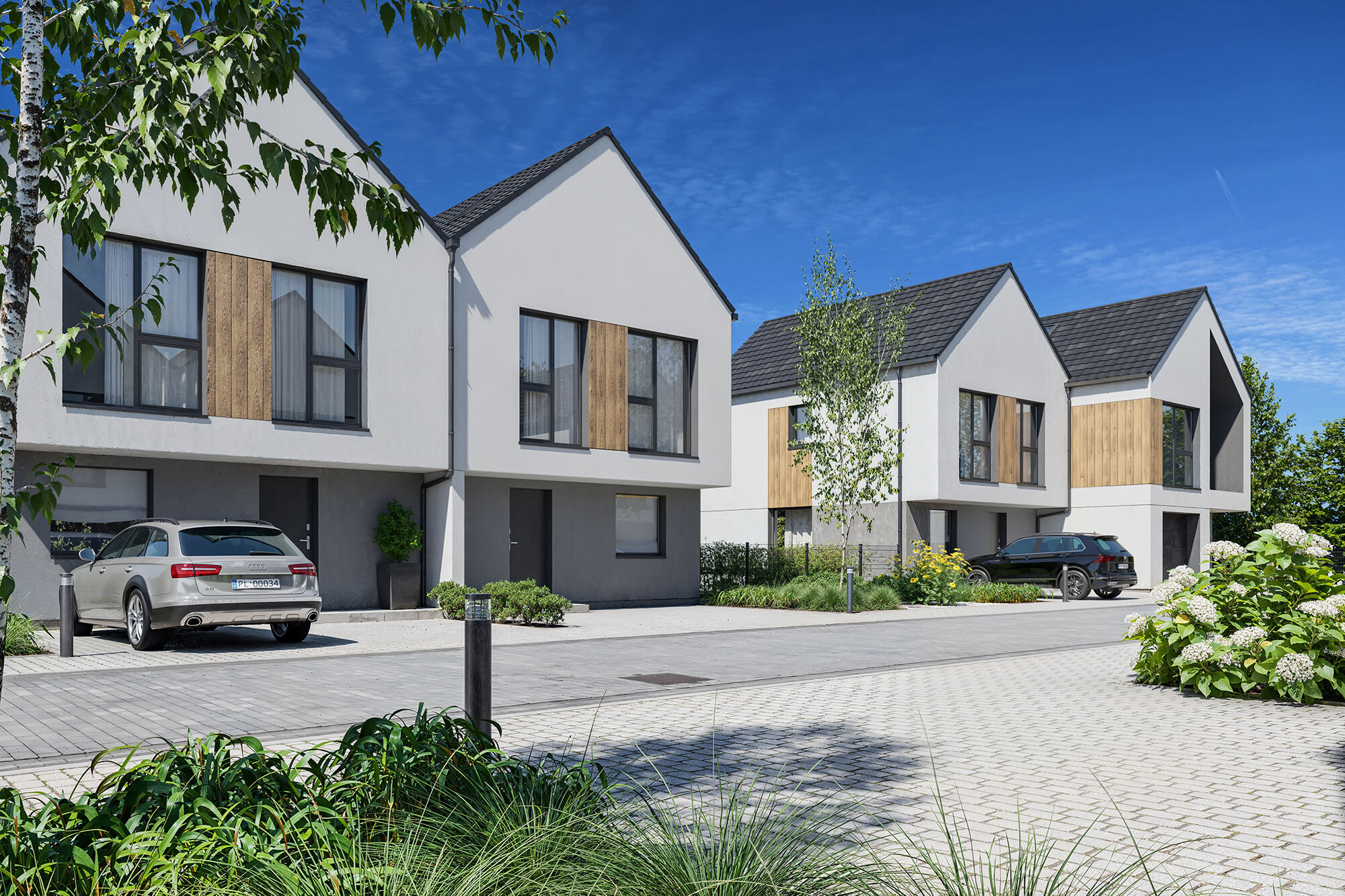 477_tres_home_bliźniaki_podjazd wizualizacje 3D dla deweloperow — wizualizacja zewnetrzna budynku mieszkalnego