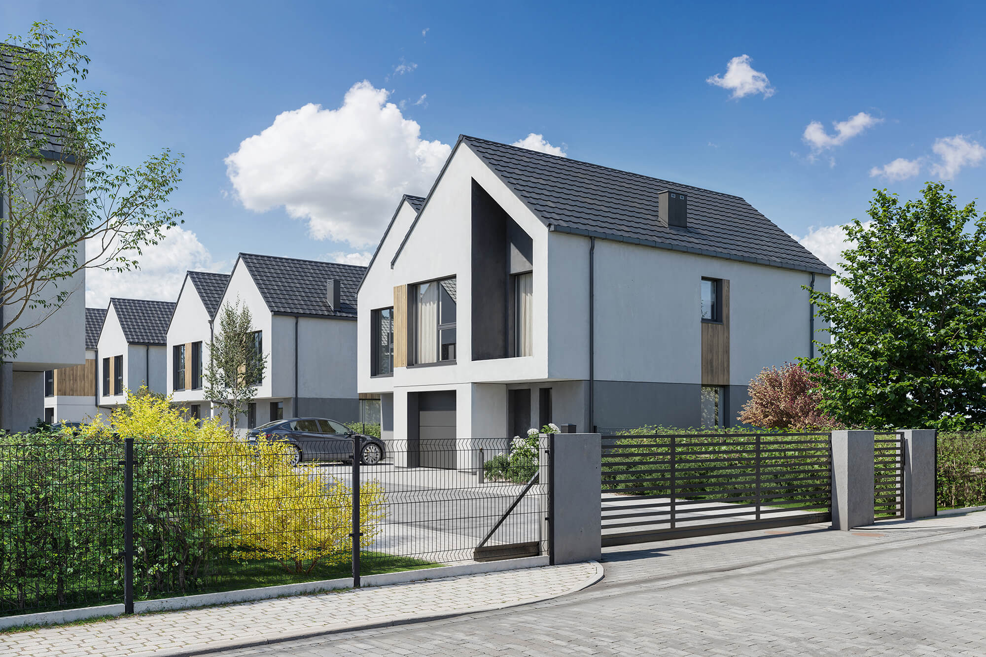 Wizualizacje 3D inwestycji Tres Home - Wjazd na osiedle z zabudową bliźniaczą.