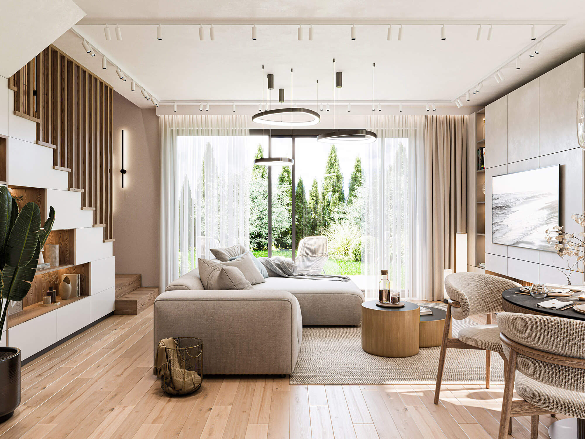 Wizualizacje 3D wnętrz inwestycji Tres Home - Salon z jadalnią i wyjściem na taras.