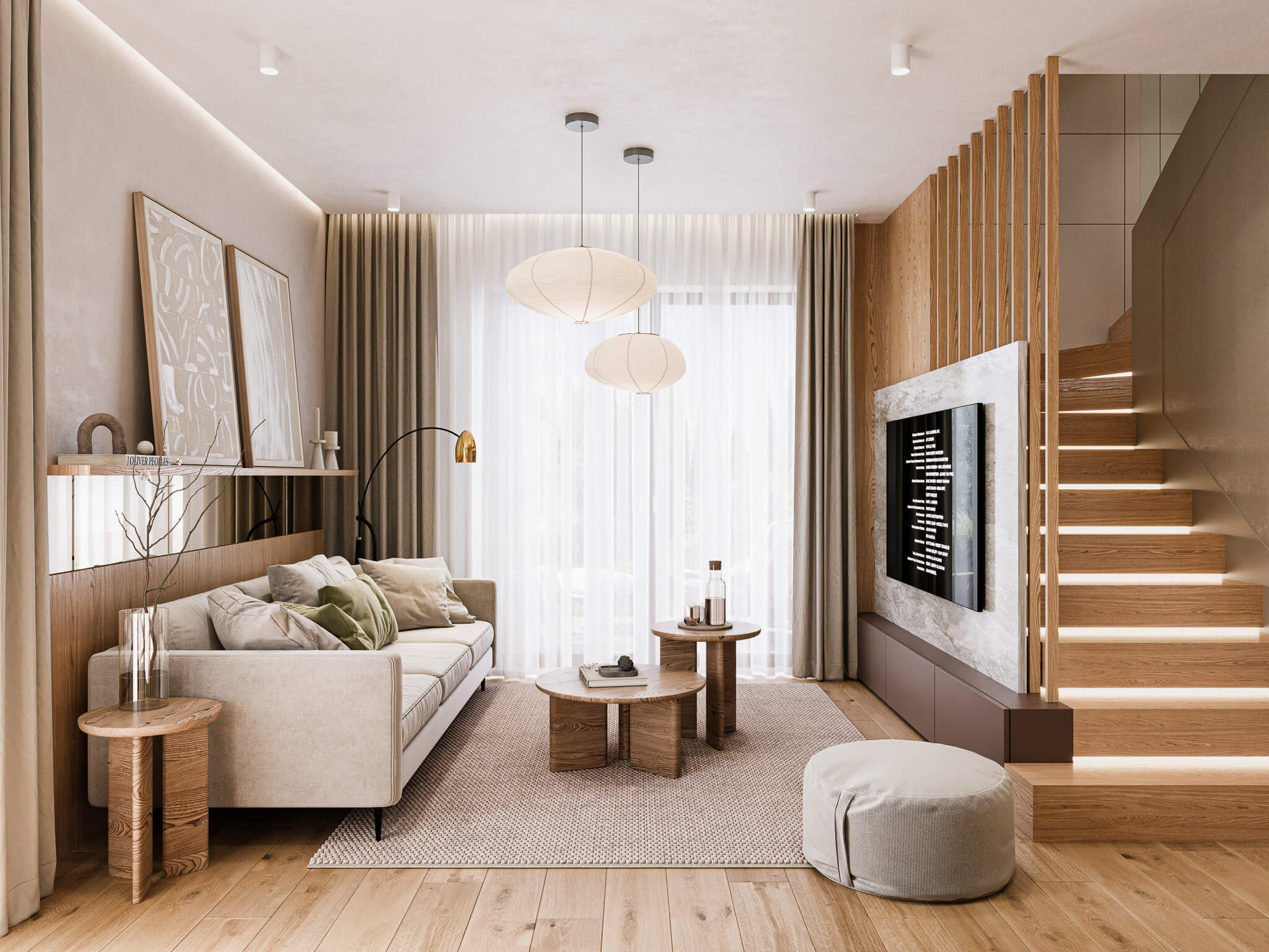 Salon w ciepłych kolorach z dużym oknem, obok klatka schodowa z podświetlanymi stopniami.