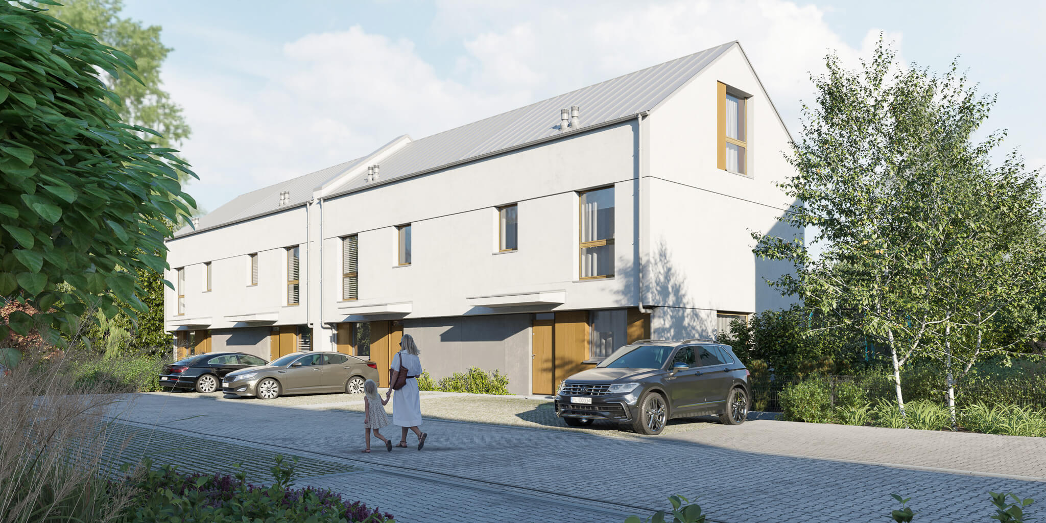 Budynek bliźniaczy z miejscami parkingowymi w otoczony zielenią.