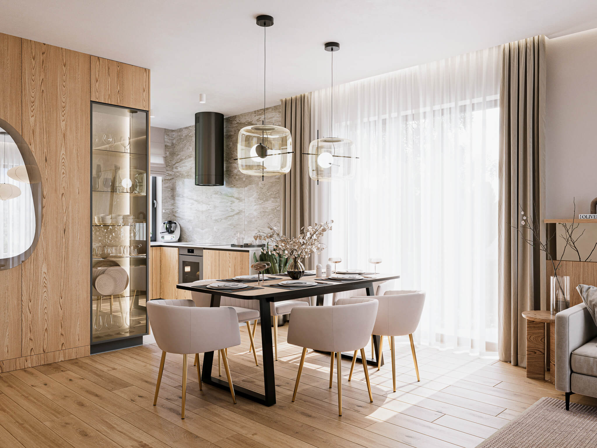 Jadalnia z ozdobnymi szklanymi lampami i fotelami.