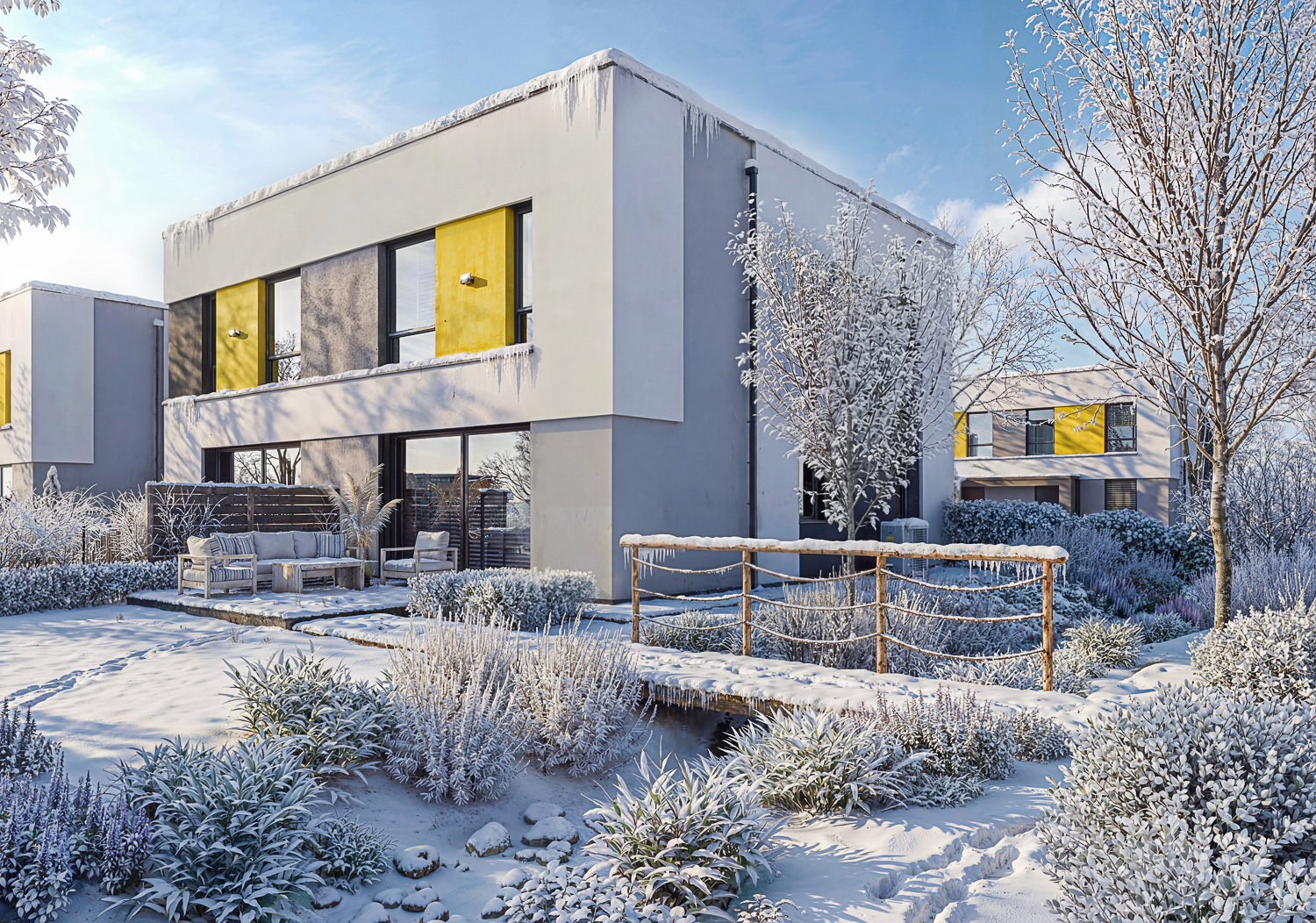 Zimowa wizualizacja inwestycji Zimowa wizualizacja 3D osiedla mieszkaniowego – świąteczny klimat, światła i śnieg, Kokonat.