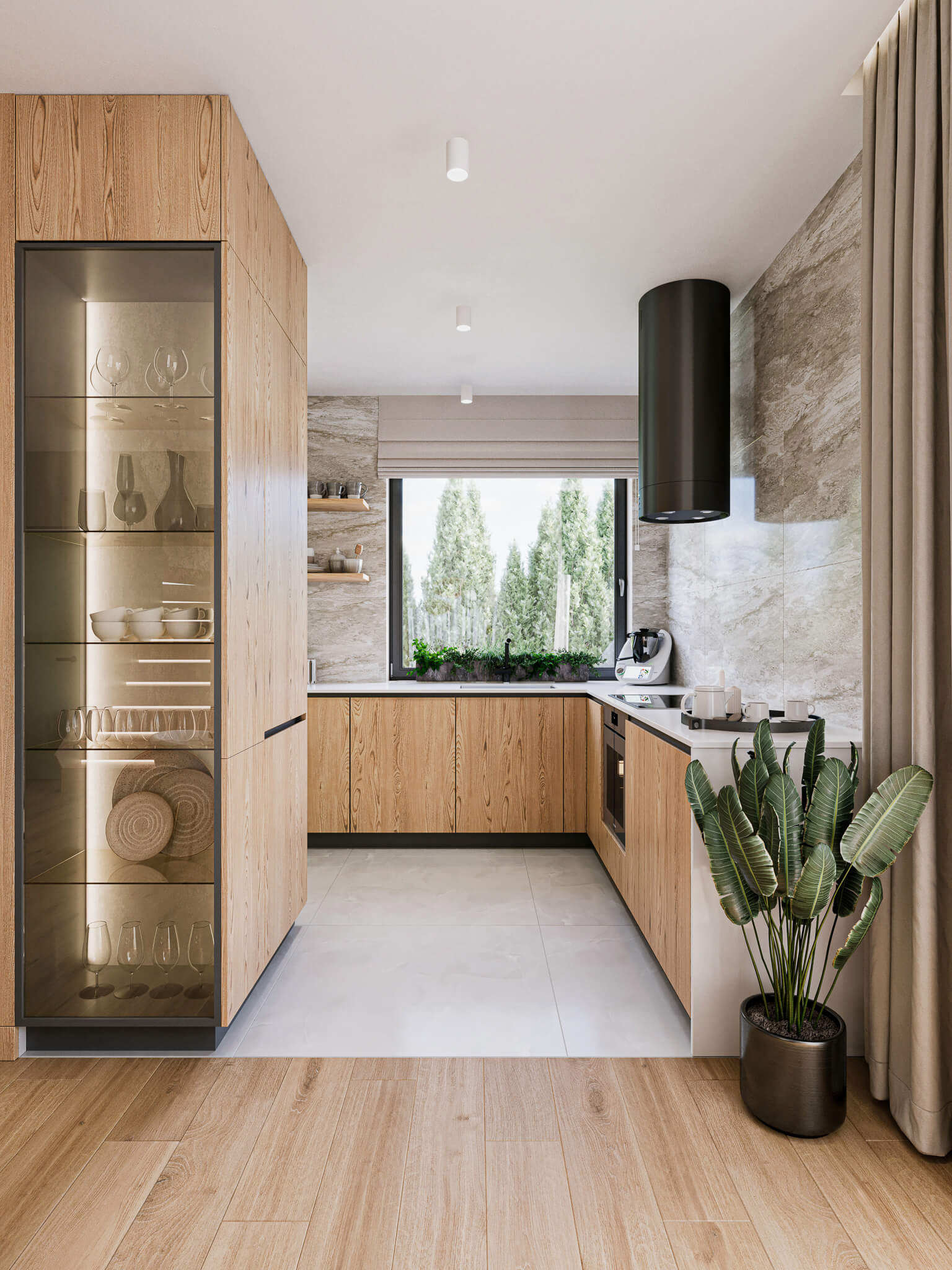 Kuchnia z drewnianymi frontami i kamiennym blatem.