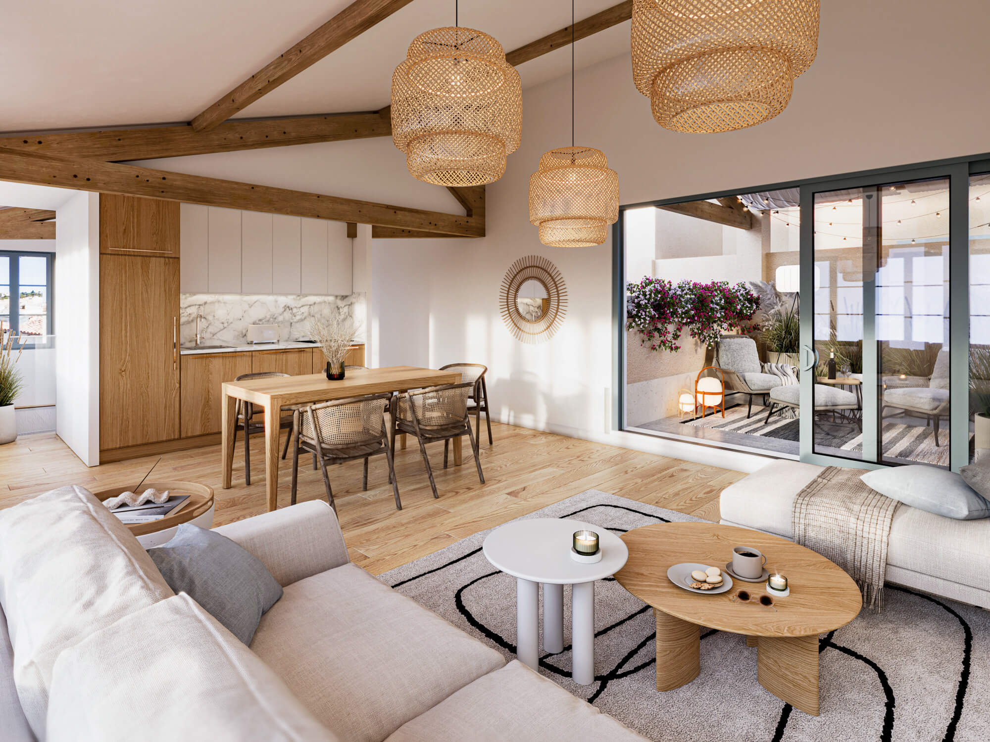 Strefa dzienna z otwartą kuchnią, jadalnią i salonem.
