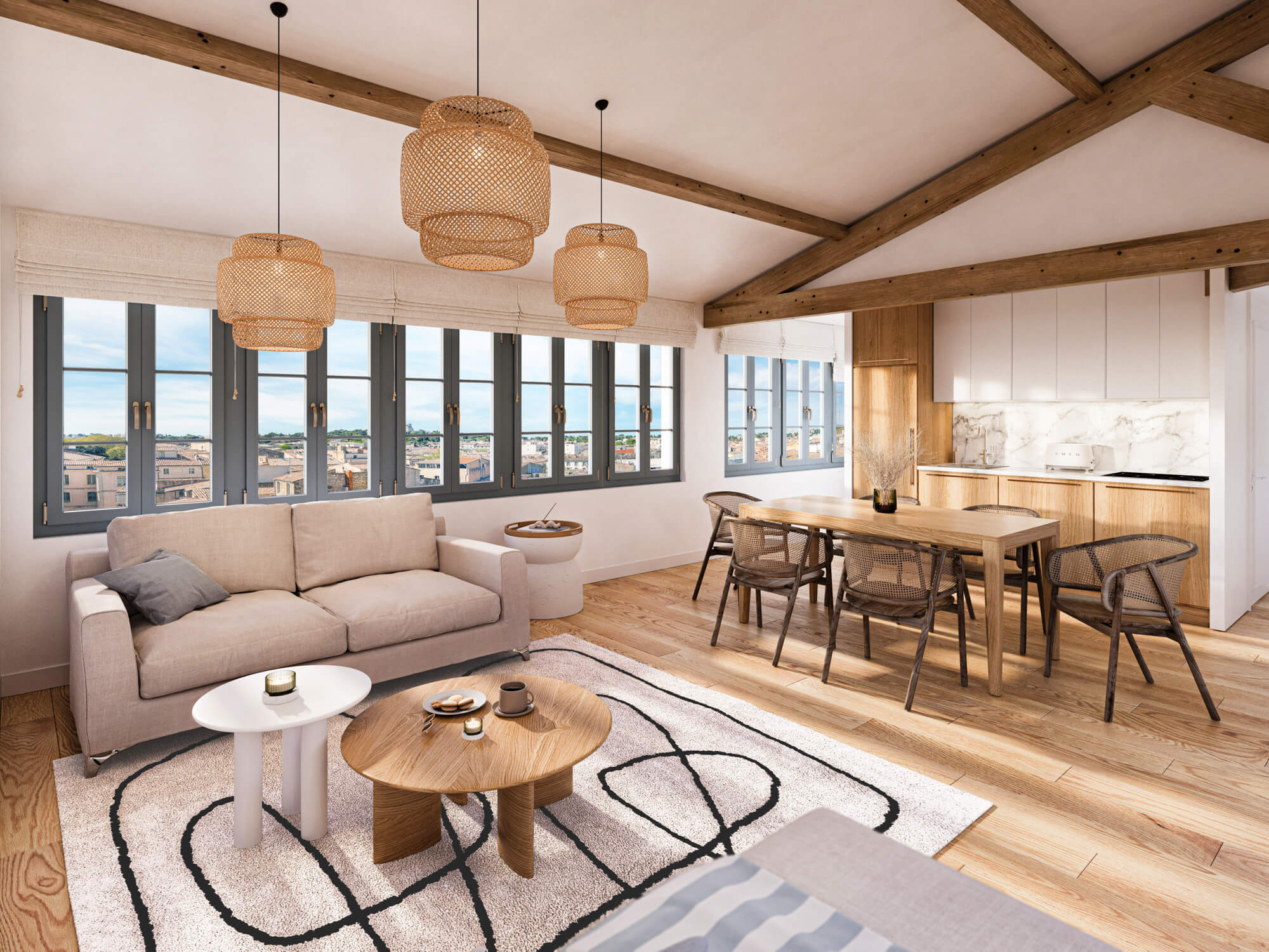 Strefa dzienna z otwartą kuchnią, jadalnią, salonem z widokiem na miasto.