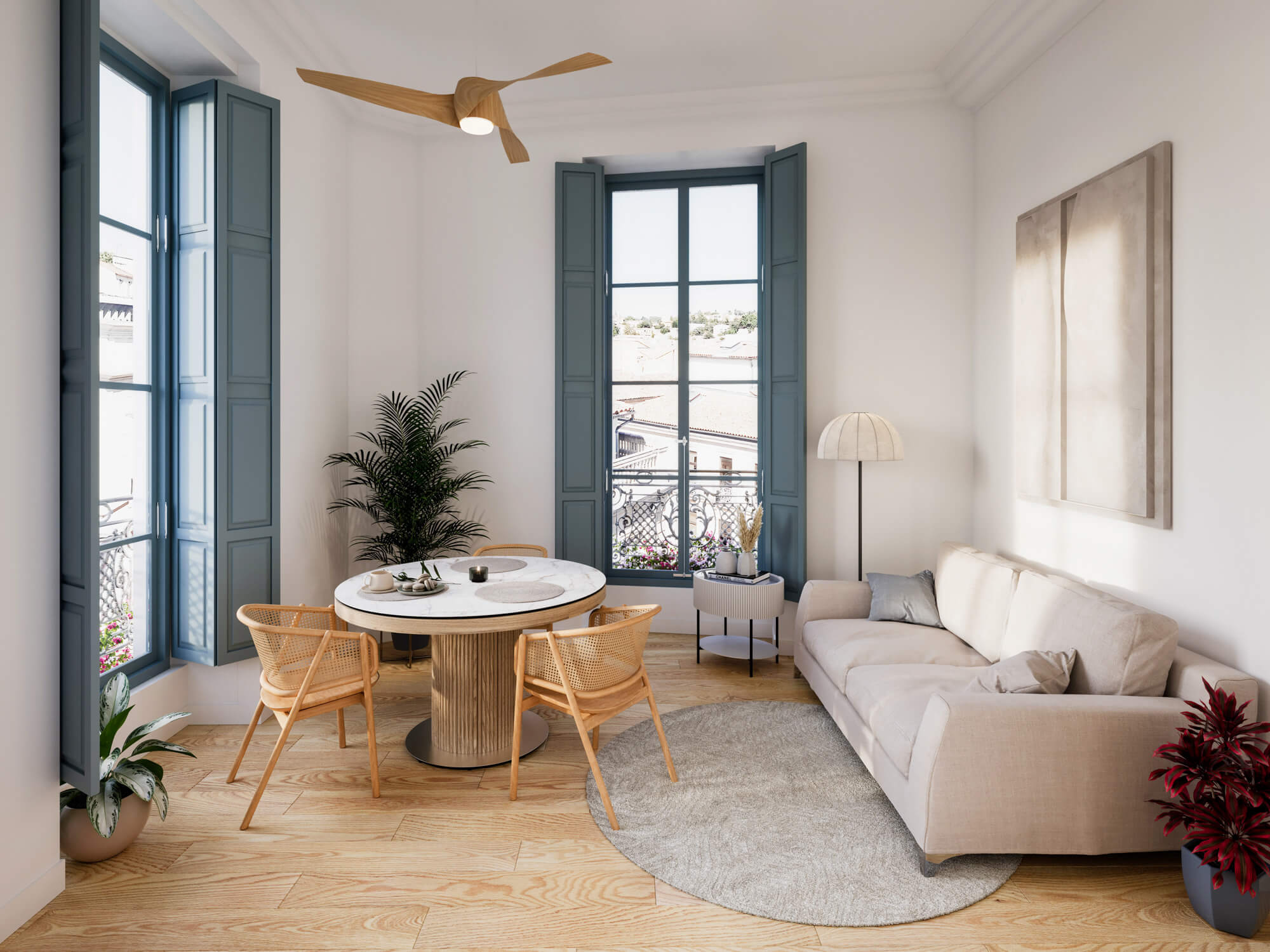 Jadalnia z salonem z wysokimi oknami.