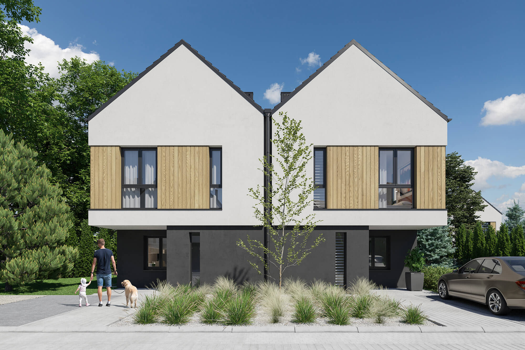 Podjazd do bliźniaka z elewacją z elementami z drewna.