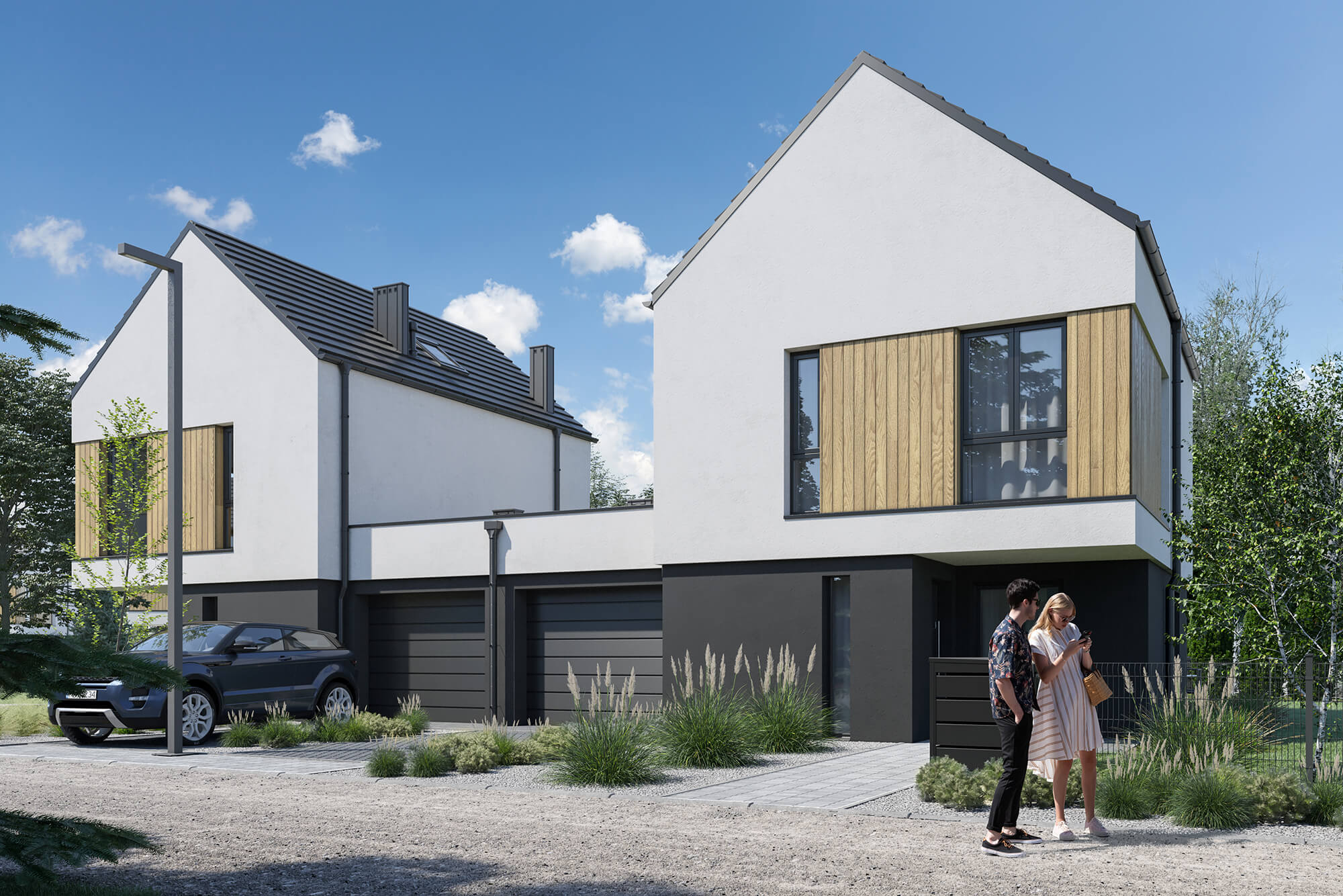 Podjazd do bliźniaka z garażami.