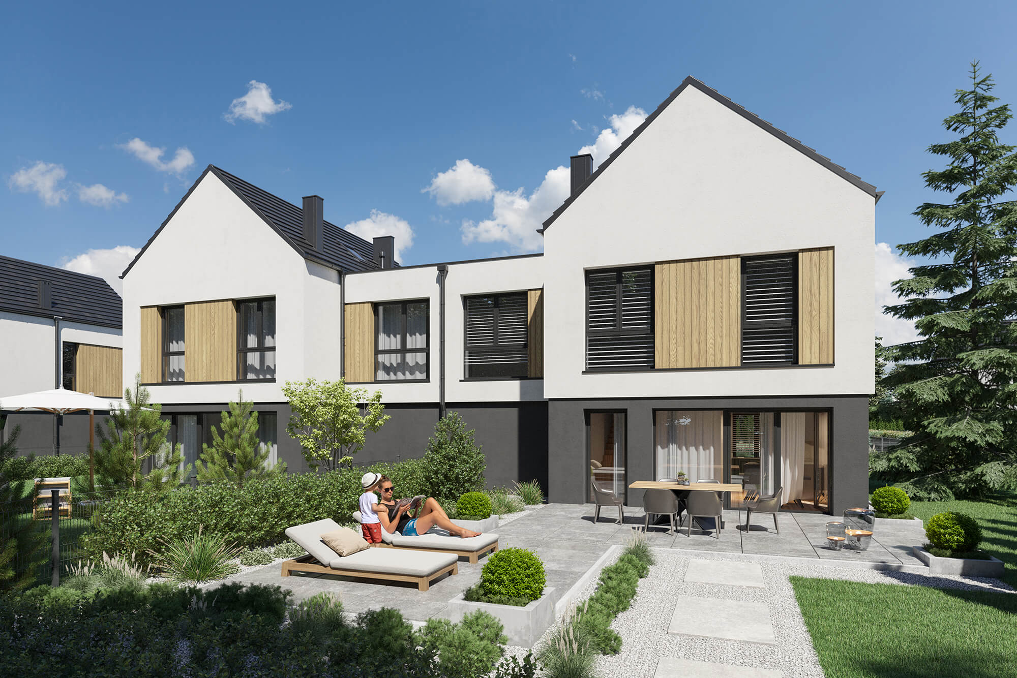 Bliźniak z tarasem w słoneczny dzień.