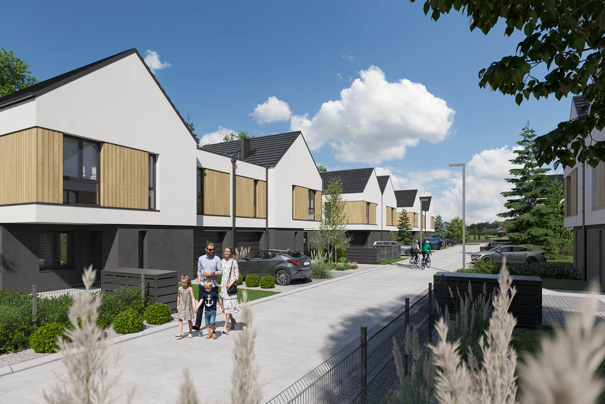 Osiedle z zabudową bliźniaczą, podjazd do budynków.