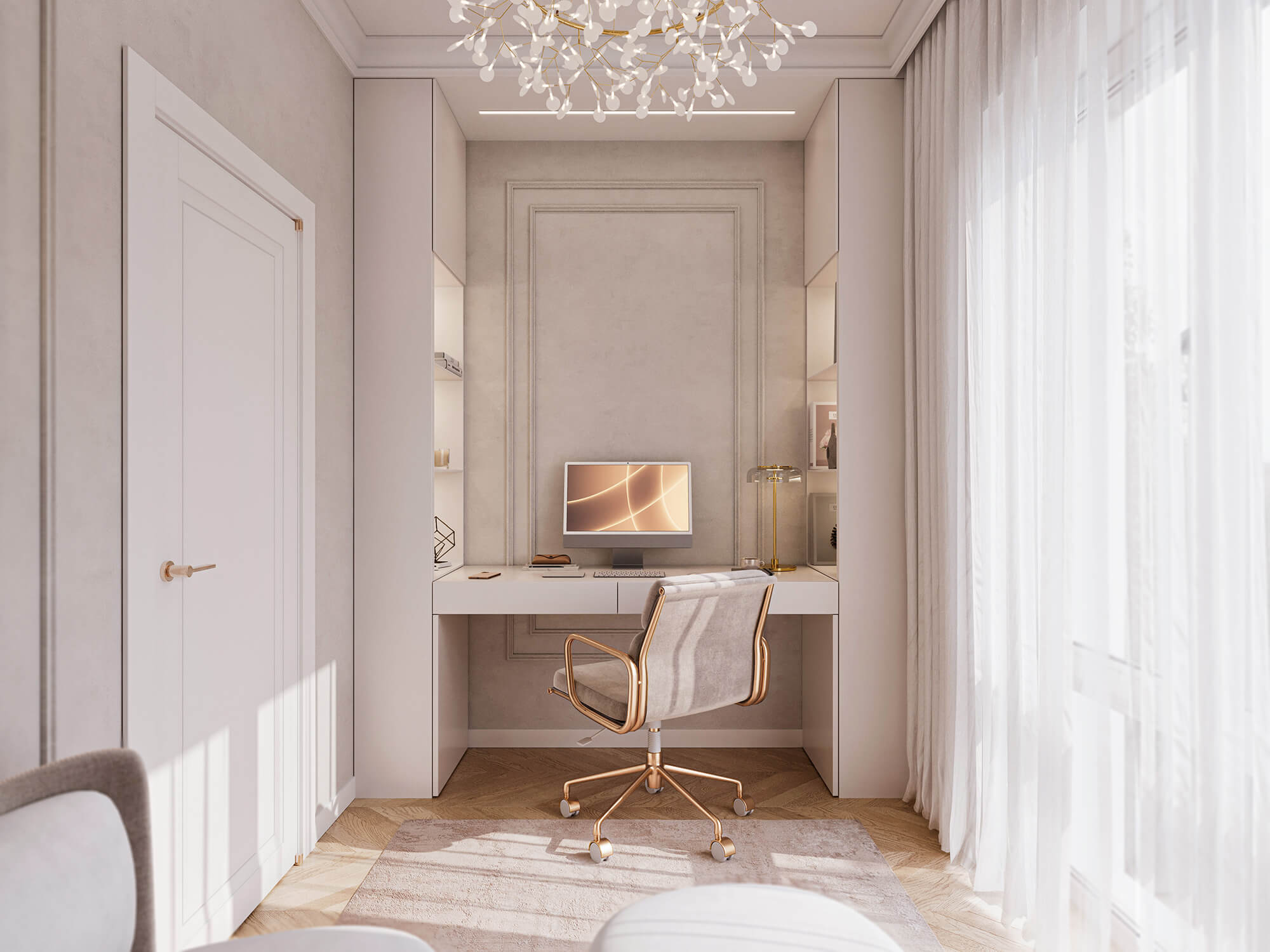 Gabinet z biurkiem i fotelem w jasnej kolorystyce.