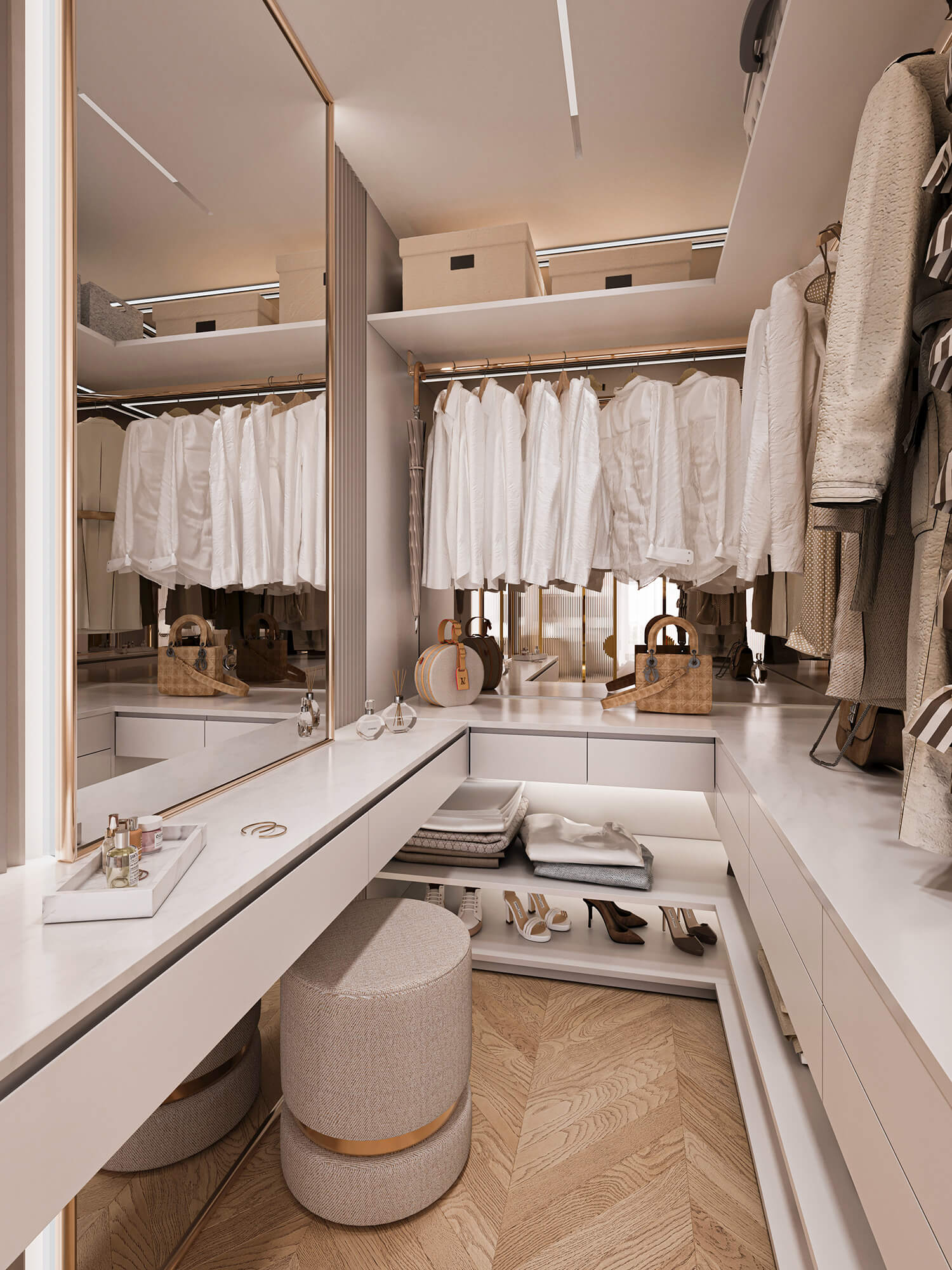 Garderoba z toaletką i dużym lustrem.