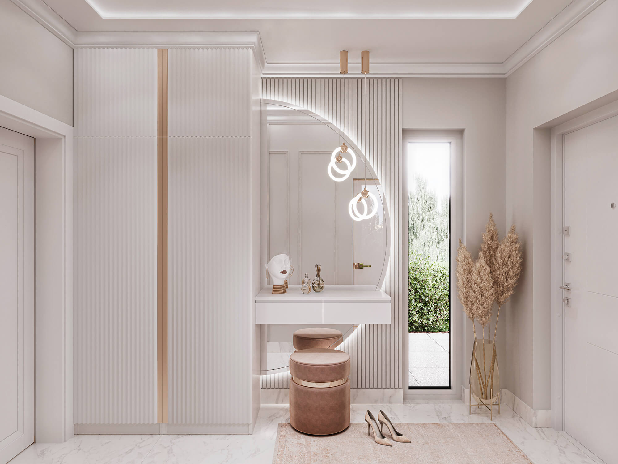 Przedpokój z ozdobnym lustrem i szafą.