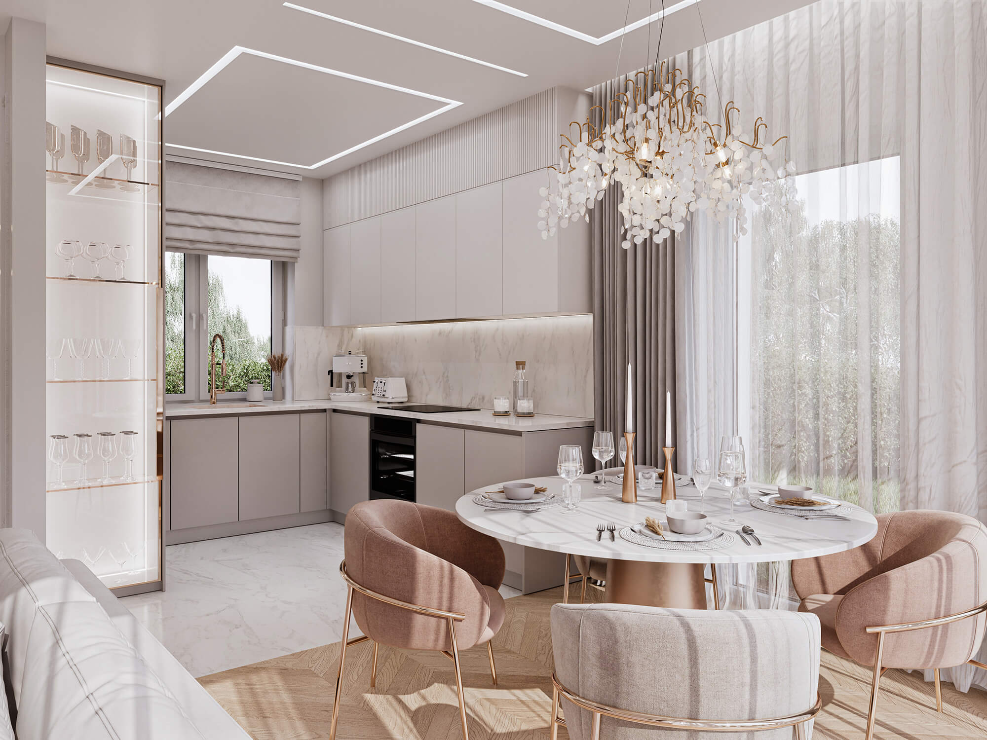 Jadalnia z kuchnią w eleganckim stylu.