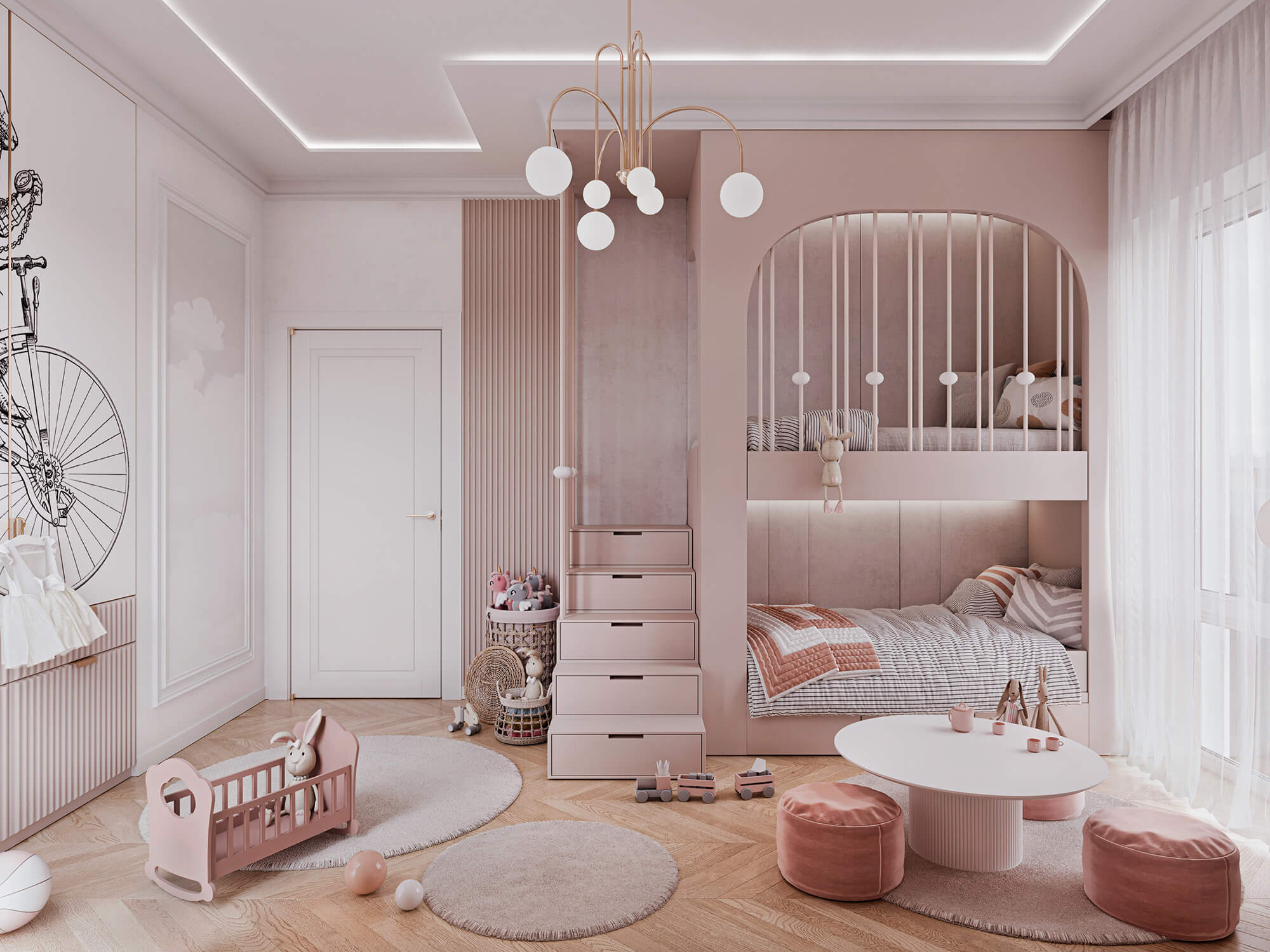 Pokój dziecięcy z dwupiętrowym łóżkiem i stolikiem do zabawy.