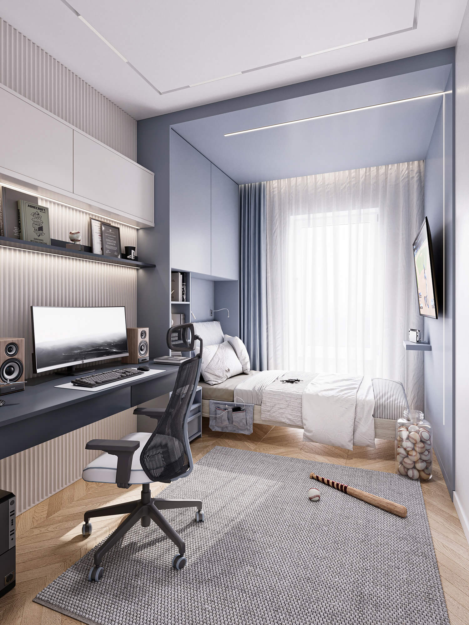 Pokój dla nastolatka z biurkiem i łóżkiem.