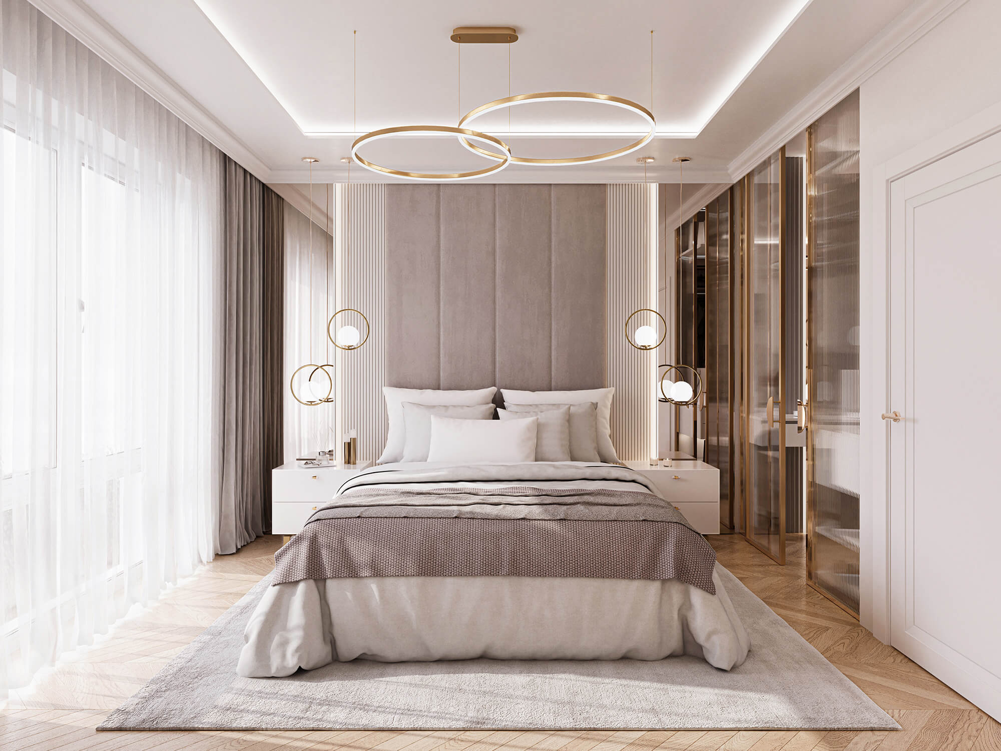 Sypialnia w eleganckim stylu z ozdobnymi lampami.