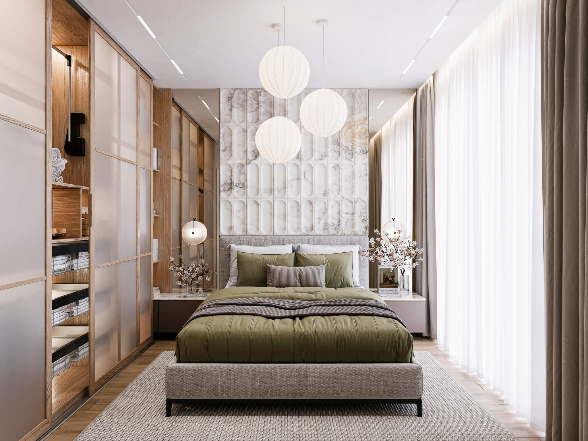 Sypialnia z dużym łóżkiem, ozdobnymi lampami i zabudowaną szafą.