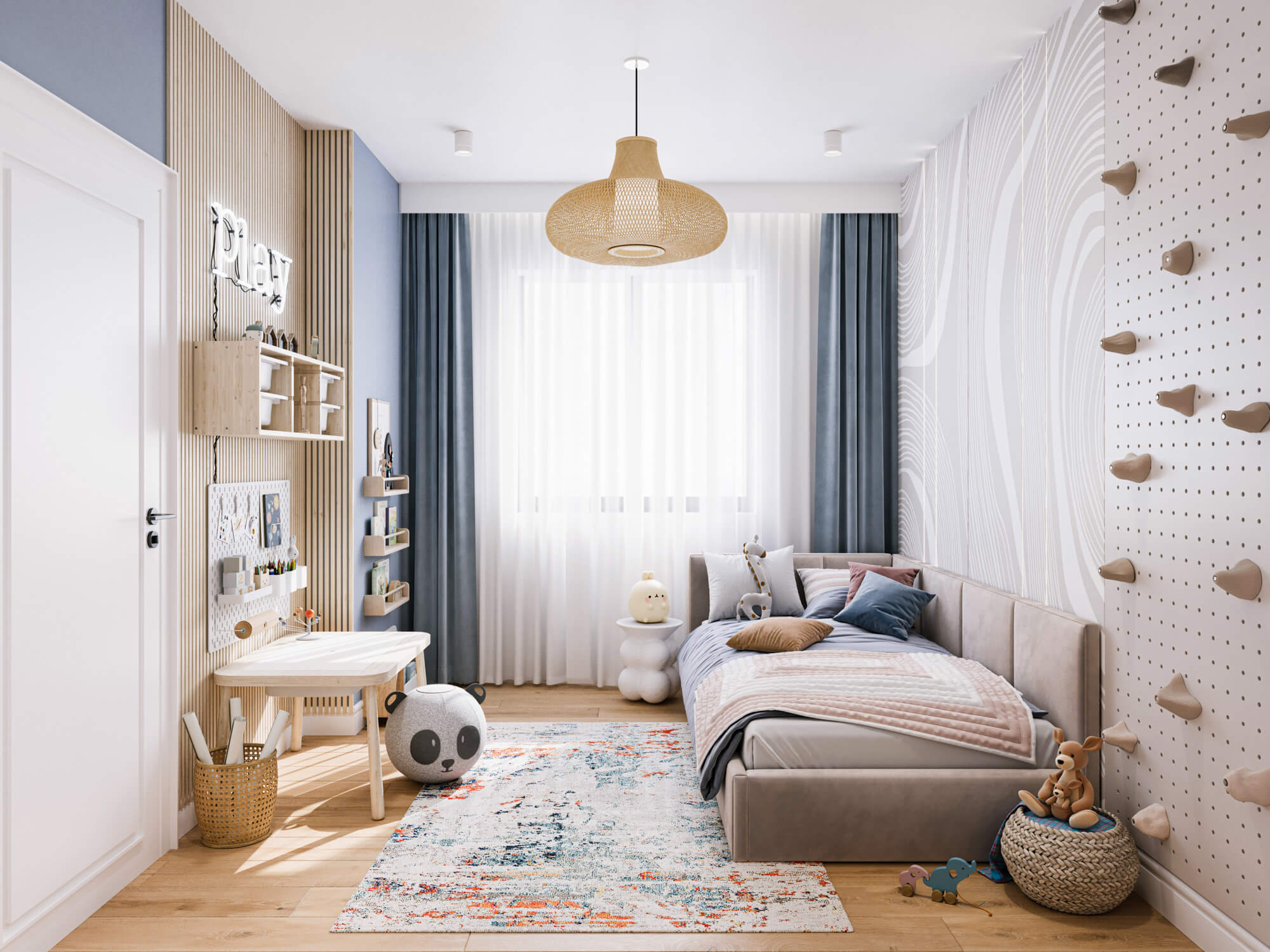 Pokój dla dziecka z łóżkiem, stolikiem do zabawy i ścianką wspinaczkową w pastelowych kolorach.