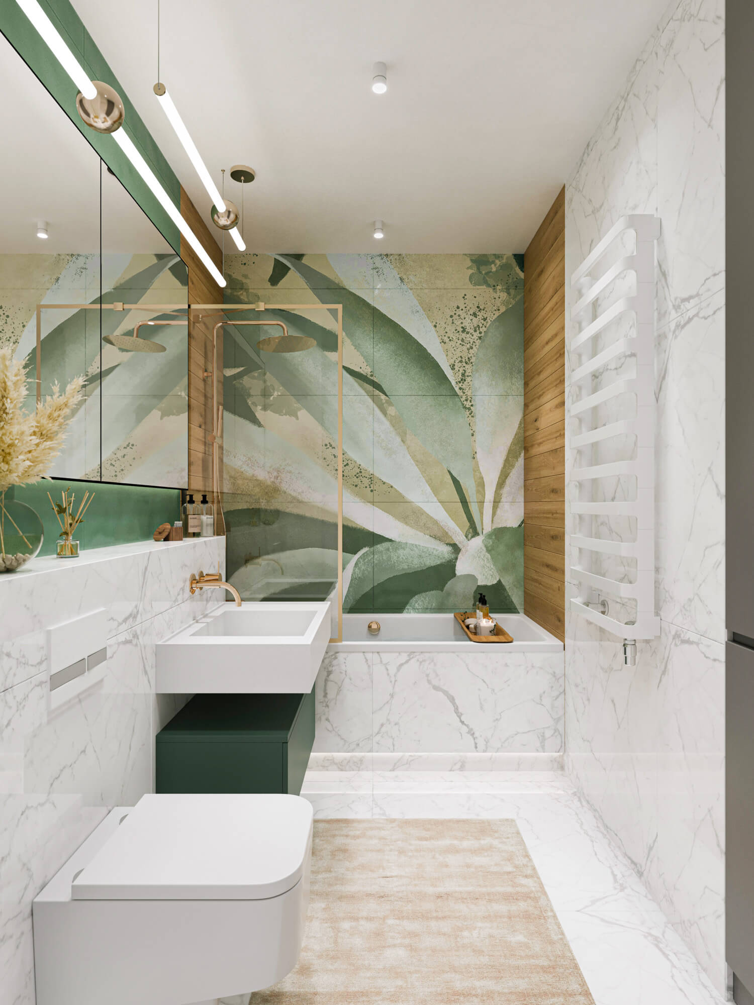 Łazienka z ozdobnymi płytkami i wanną prysznicową.