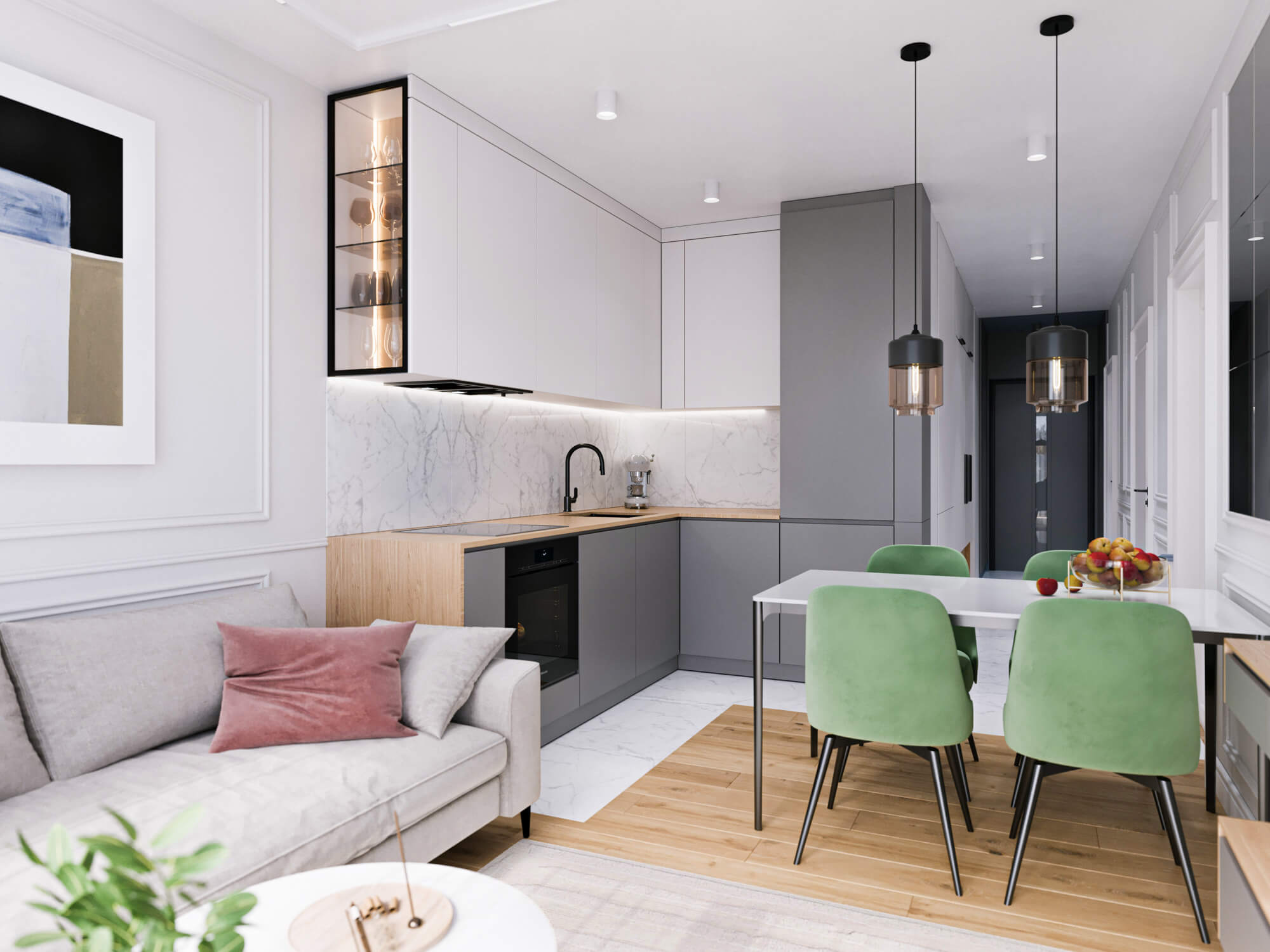 Strefa dzienna z kuchnią, jadalnią i salonem.