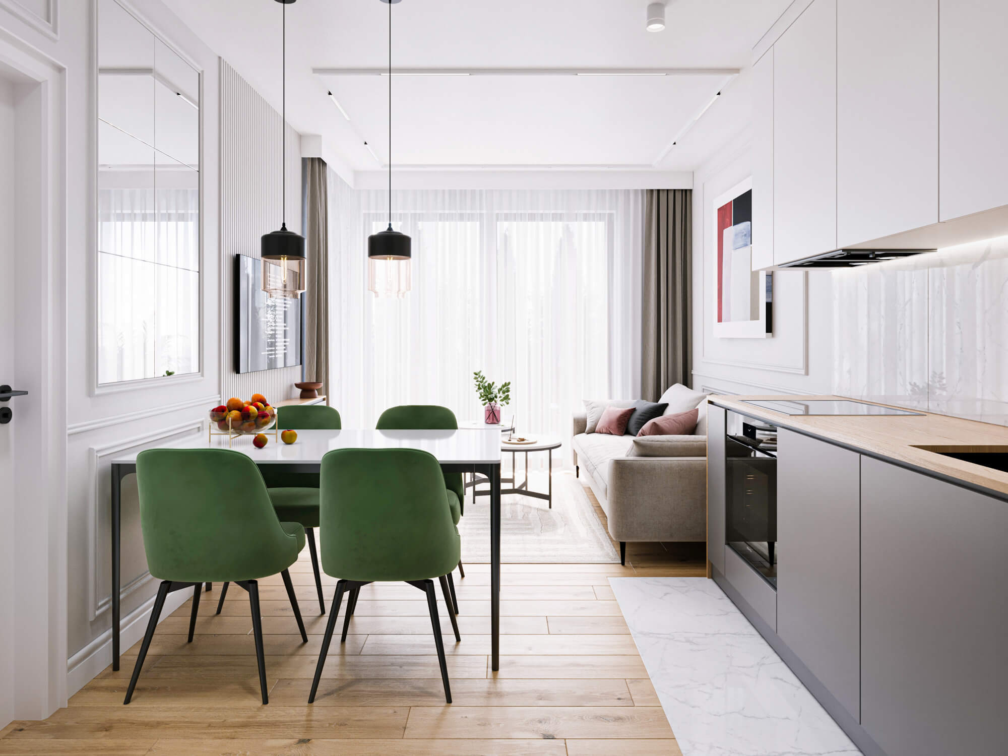 Strefa dzienna z kuchnią, jadalnią i salonem.