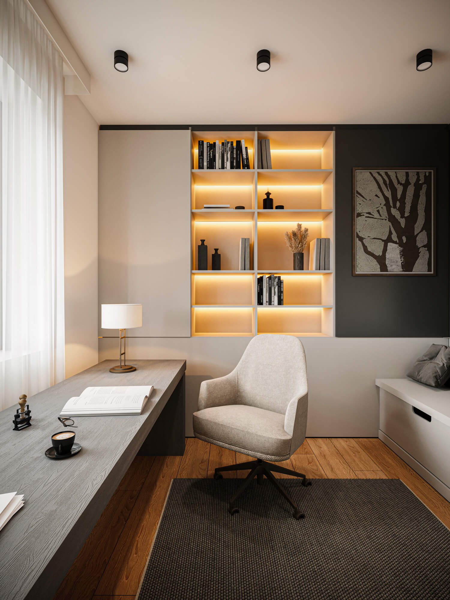 Gabinet z długim biurkiem i podświetlanymi szafkami.