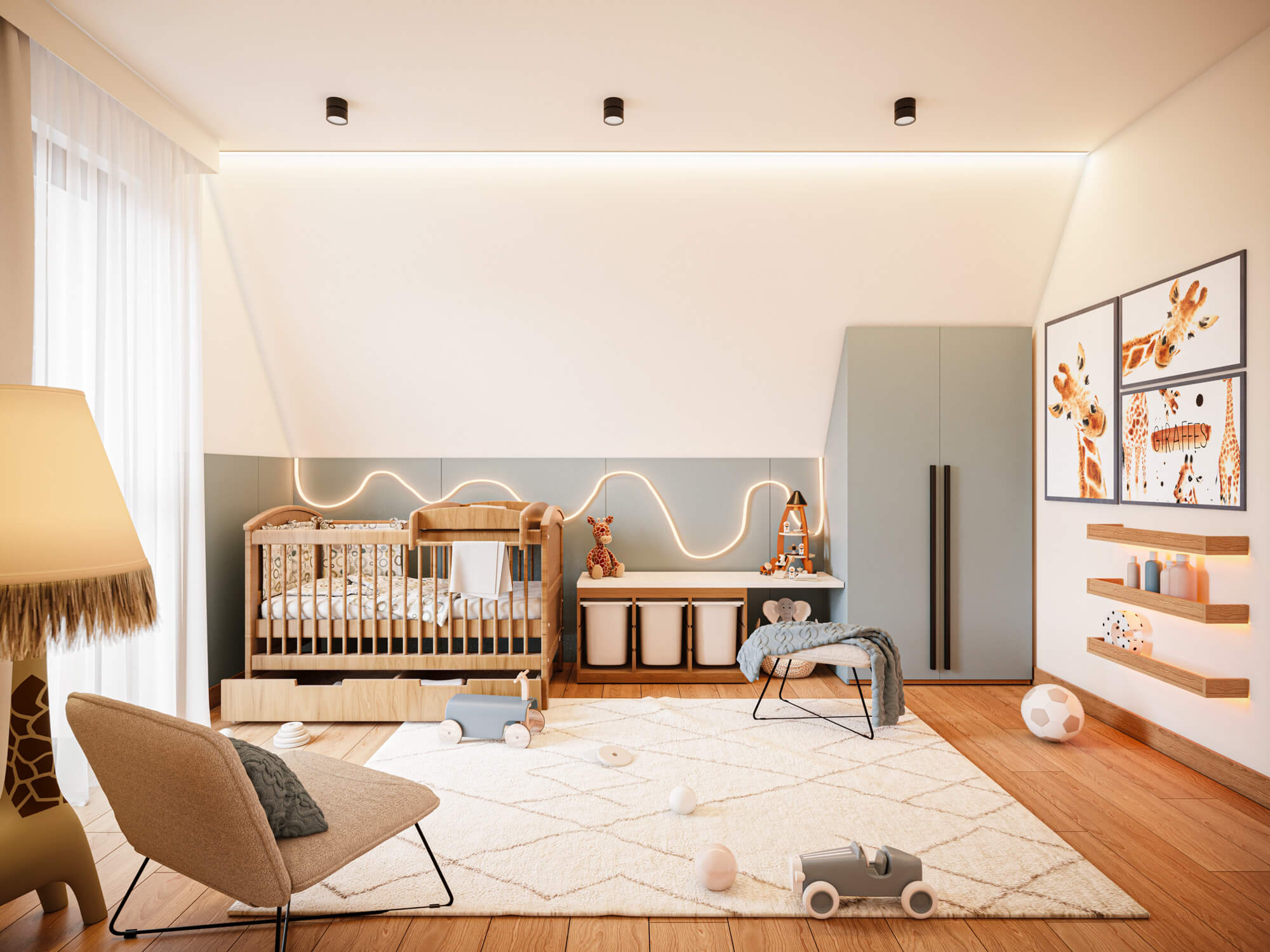 Pokój dziecięcy z łóżeczkiem i fotelem w jasnych pastelowych kolorach.