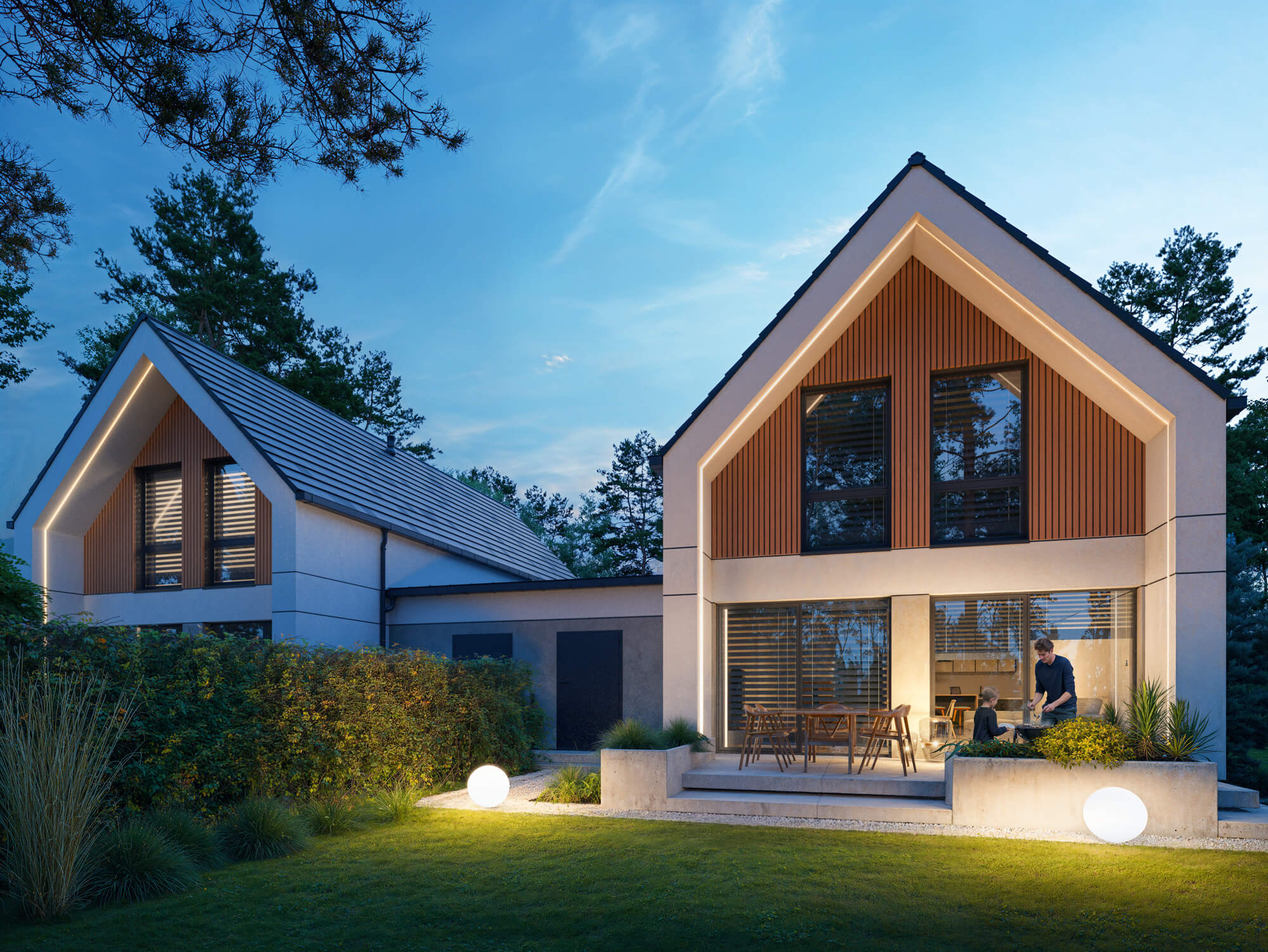 Budynek bliźniaczy z garażem dużym tarasem i podświetlaną elewacją.