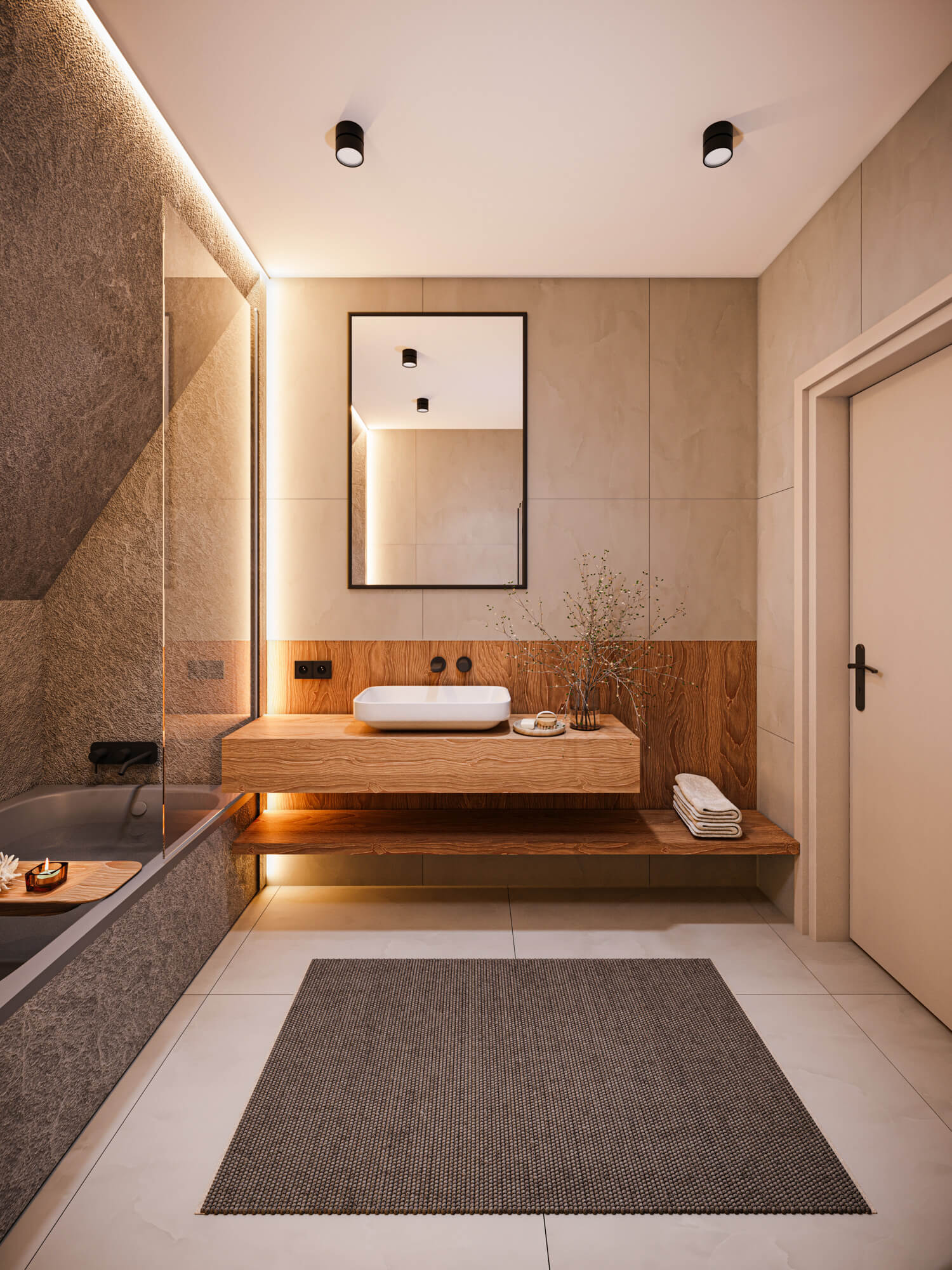 Łazienka z wanną prysznicową i drewnianym blatem z umywalką.