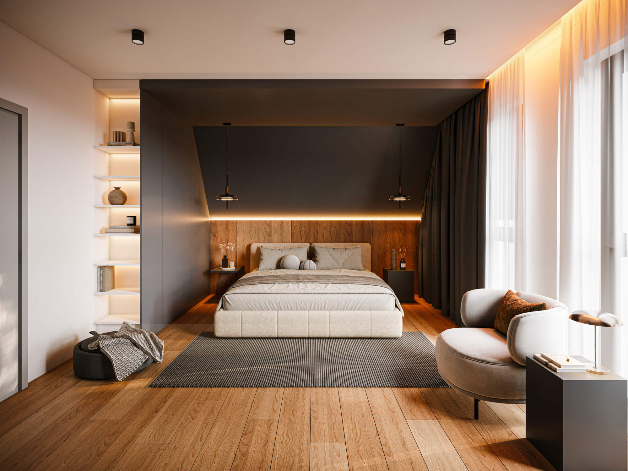 Sypialnia z drewnianą podświetlaną ścianą i zabudowaną ciemną szafą.