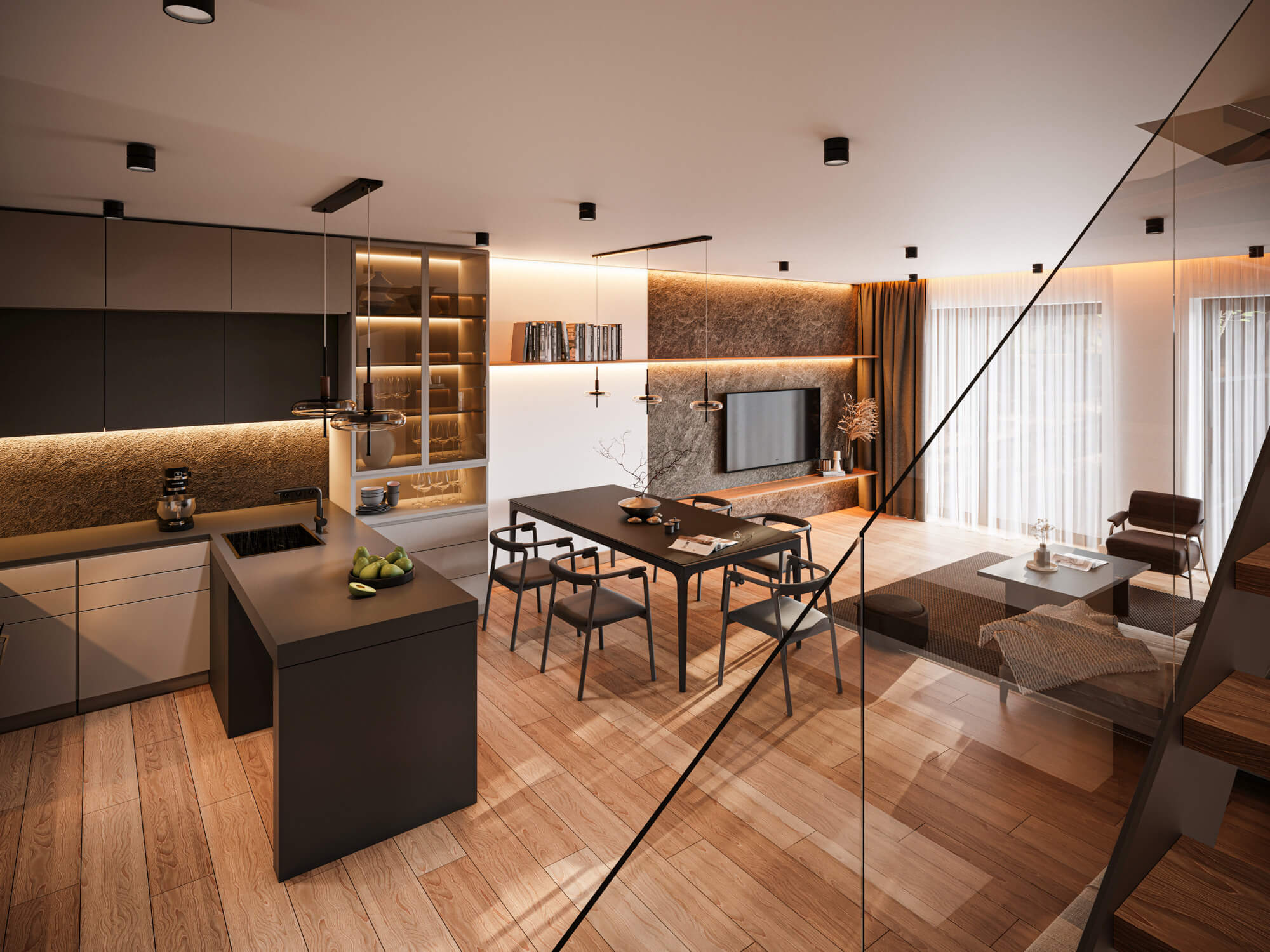 Strefa dzienna w ciemnych kolorach z kuchnią, jadalnią i salonem.