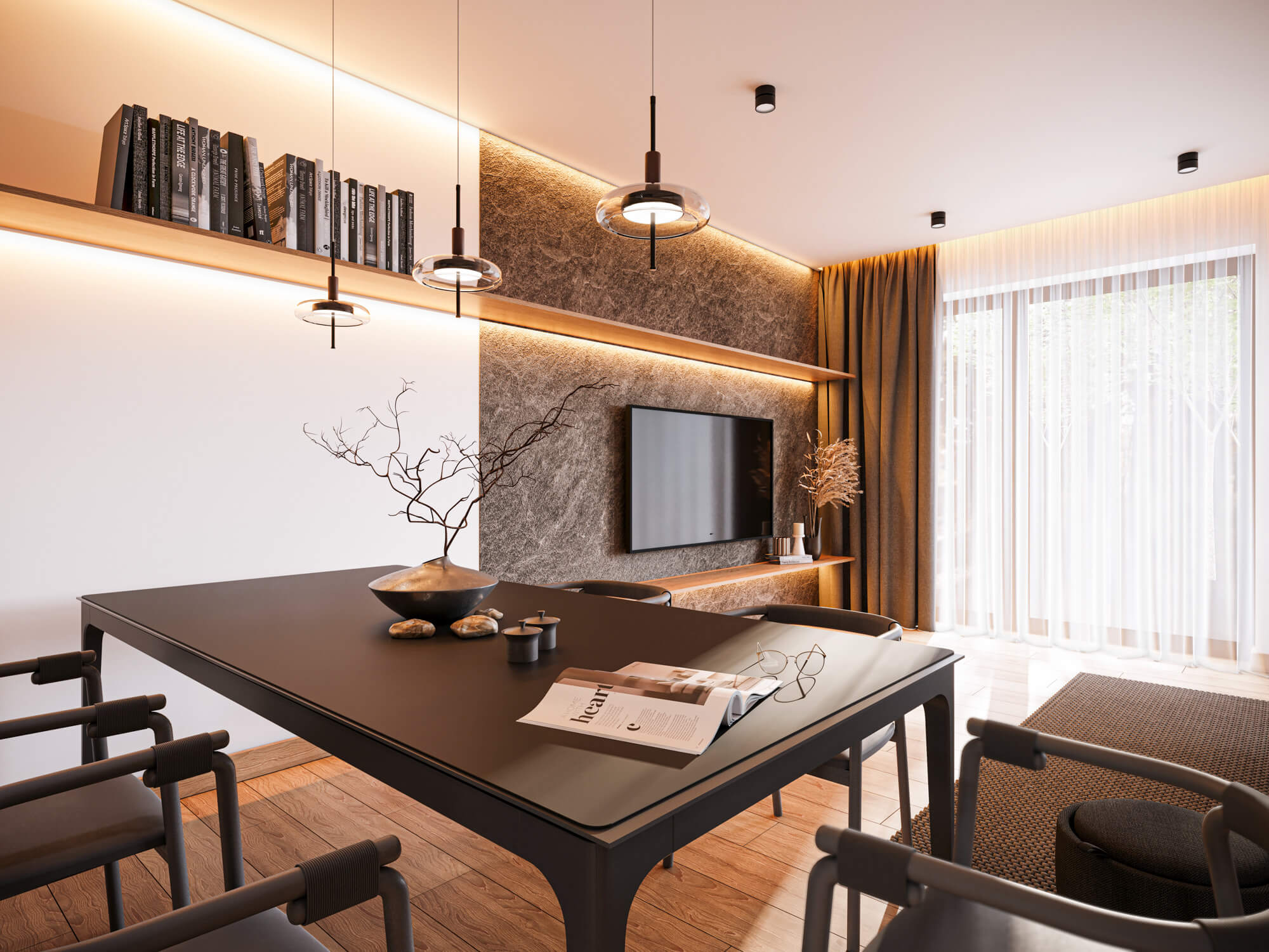 Jadalnia z ciemnym stołem i szklanymi lampkami.