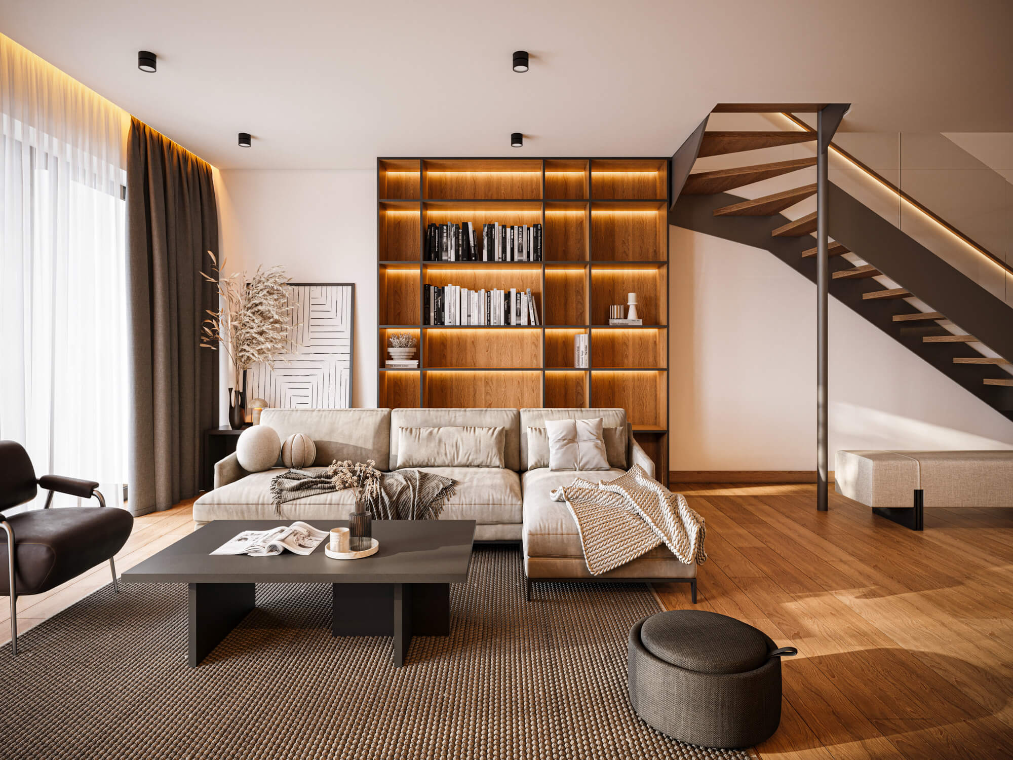 Salon z jasną kanapą i podświetlanym regałem.