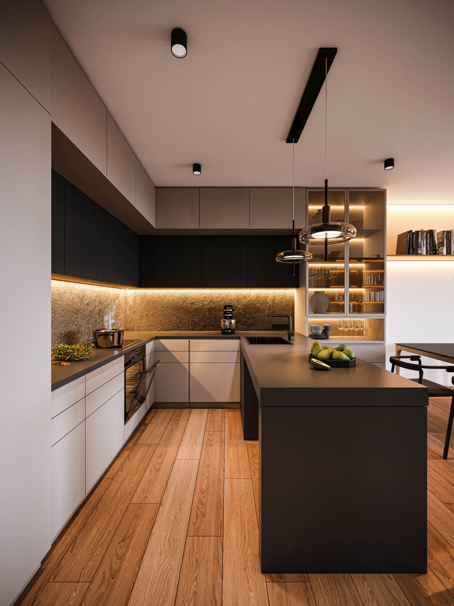 Kuchnia z ciemnymi blatami i wyspą z ozdobnymi lampami.