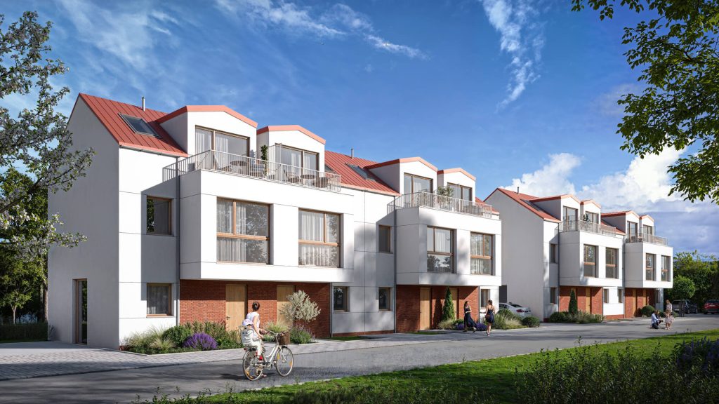 Podjazd do budynku w zabudowie szeregowej z balkonem i miejscami parkingowymi.