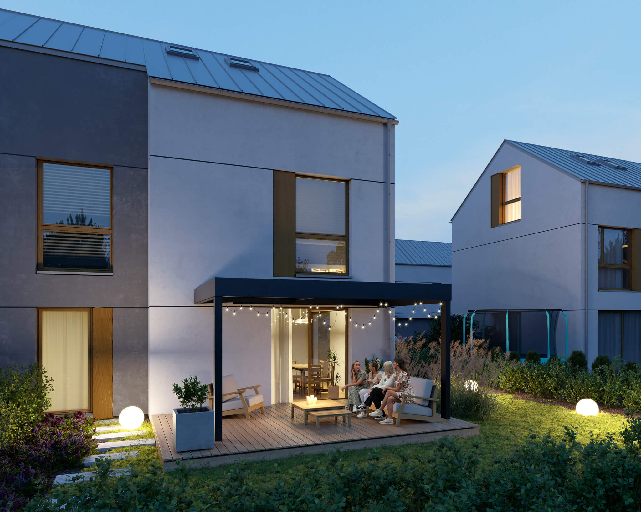 Taras z zadaszeniem i klimatycznym oświetleniem, wieczorem.