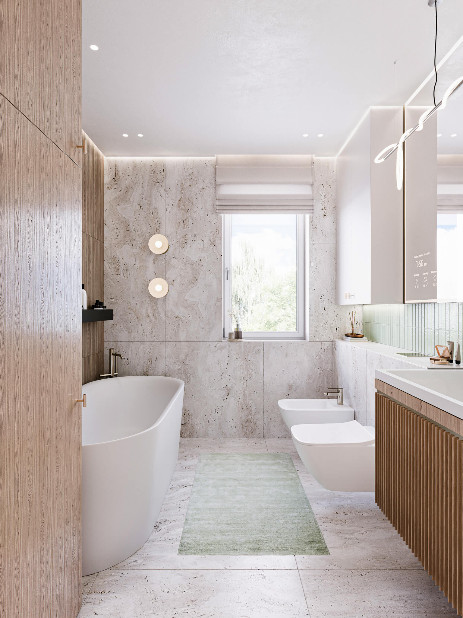 Łazienka z jasnej kolorystyce z drewnianymi elementami, wanną, WC i bidetem.