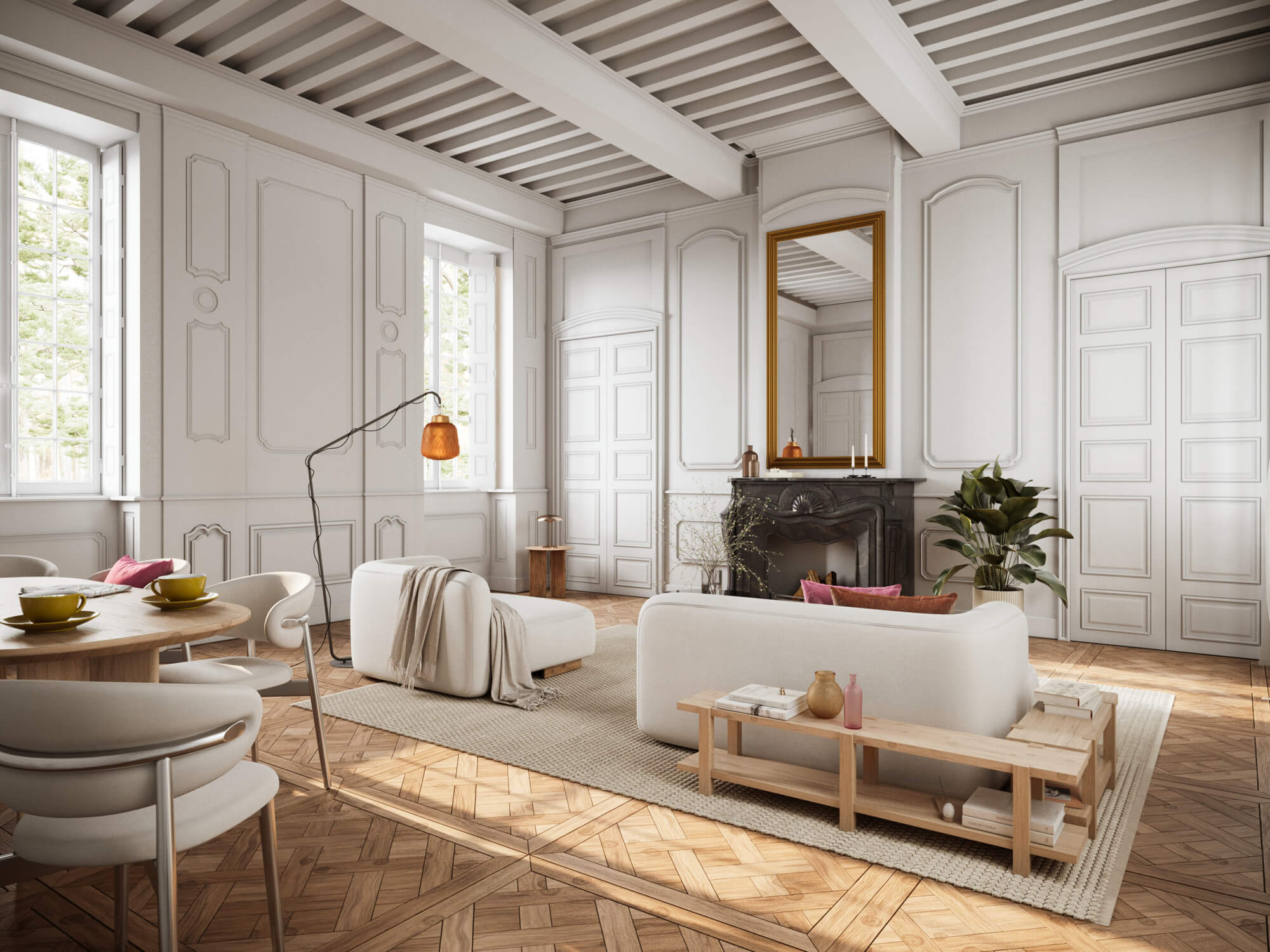 Wnętrze pałacu z jasnymi ścianami, i eleganckim wykończeniem.