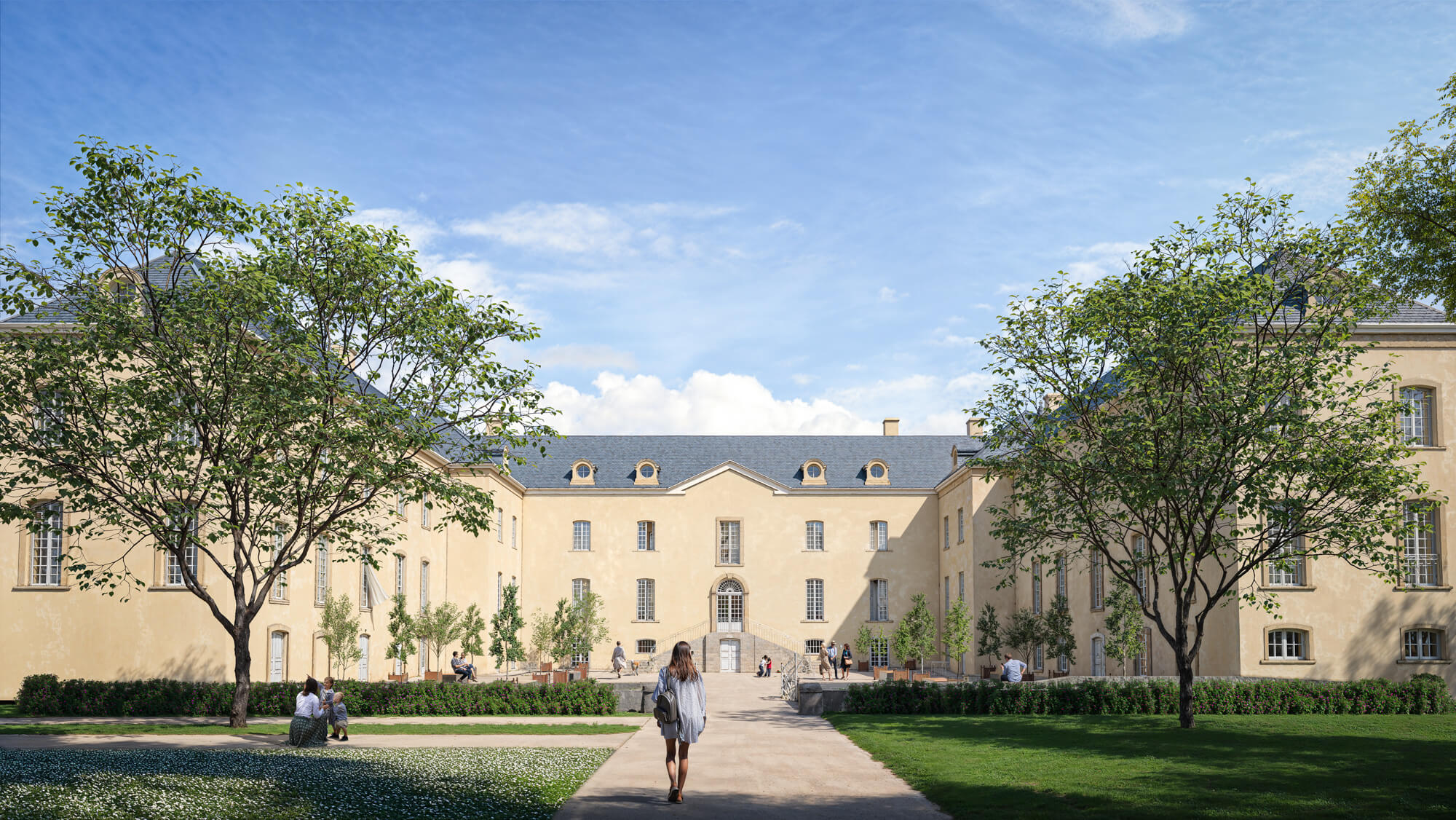 wizualizacja odnowionego pałacu we Francji, frontowa elewacja.