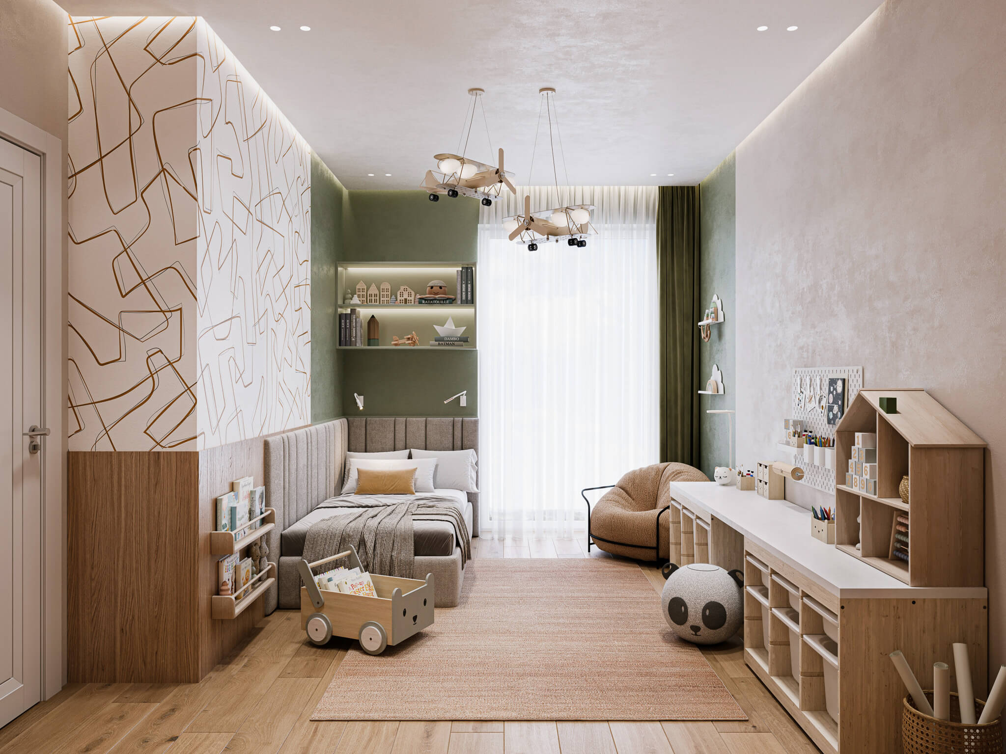 Pokój dla dziecka z łóżeczkiem i szafką na zabawki w ciepłej kolorytyce.