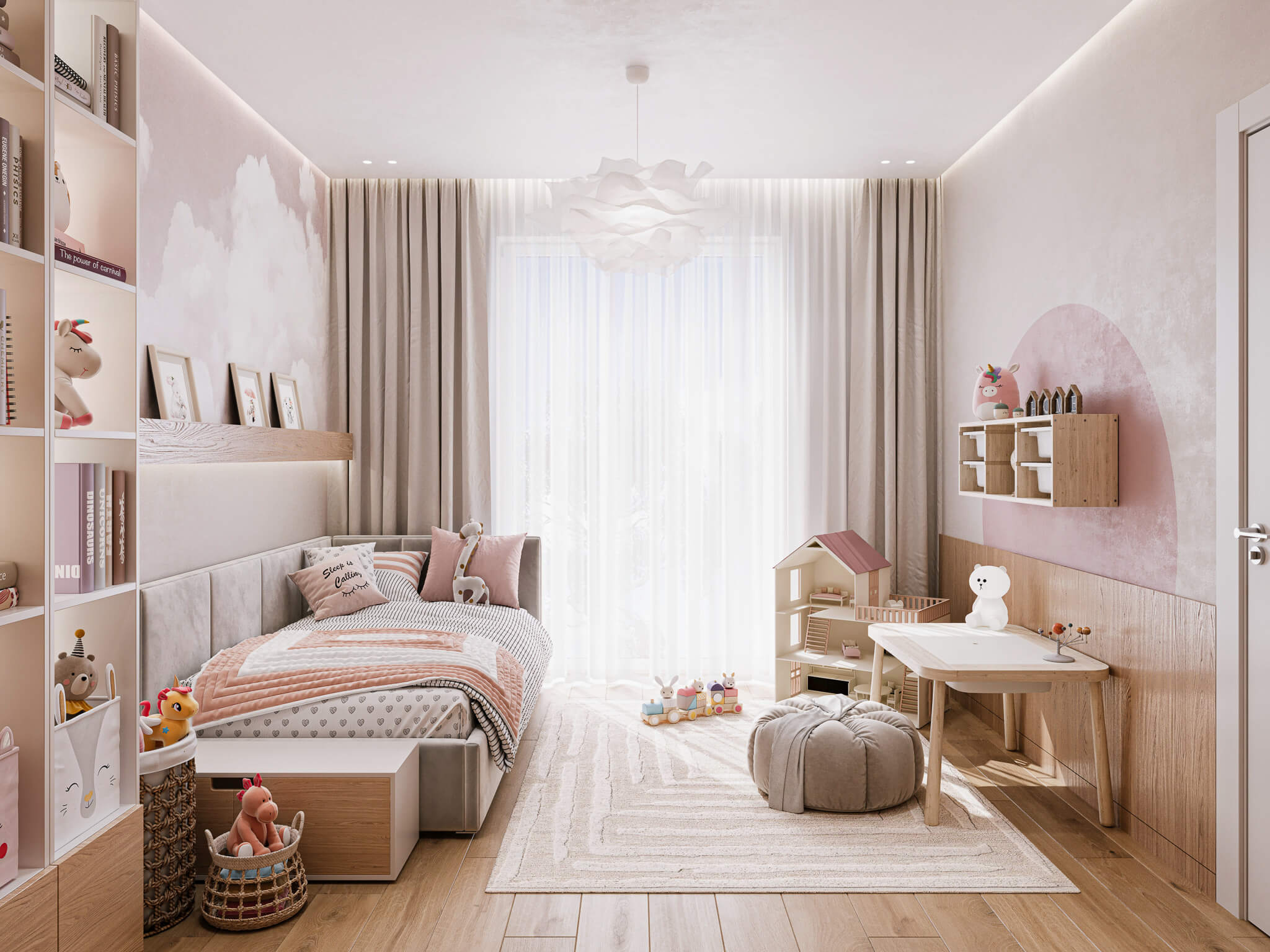 Pokój dla dziewczynki w różowych kolorach z łóżeczkiem i stolikiem do zabawy.