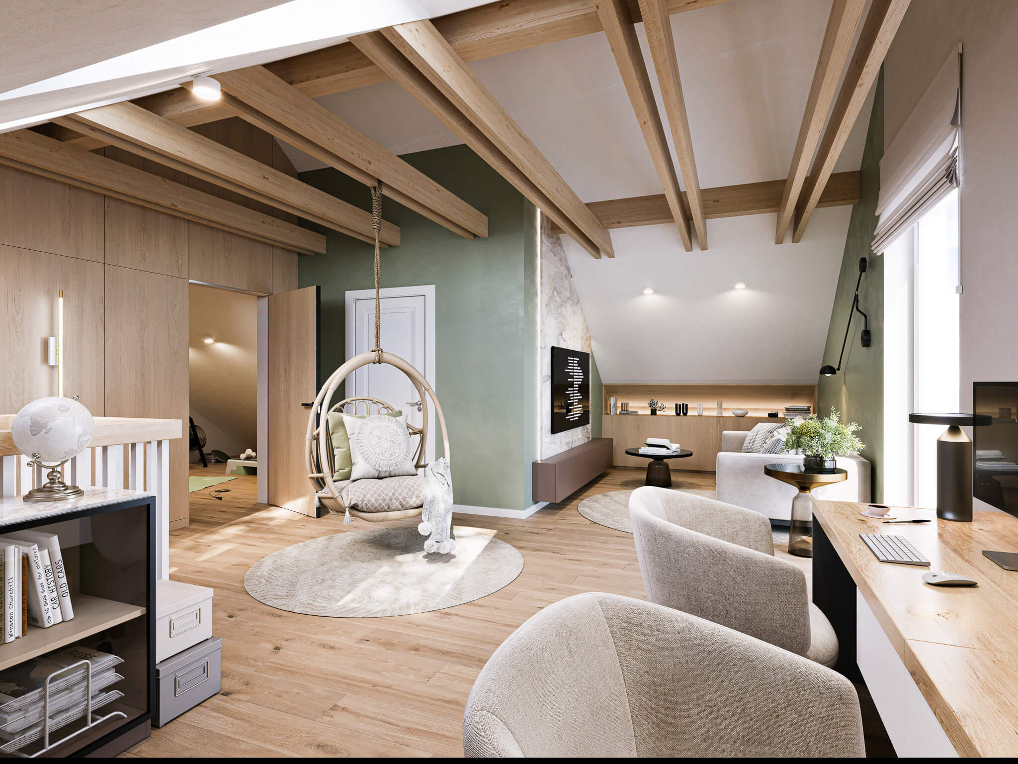 Poddasze z strefą wypoczynkową, siłownią i szerokim biurkiem z fotelami.