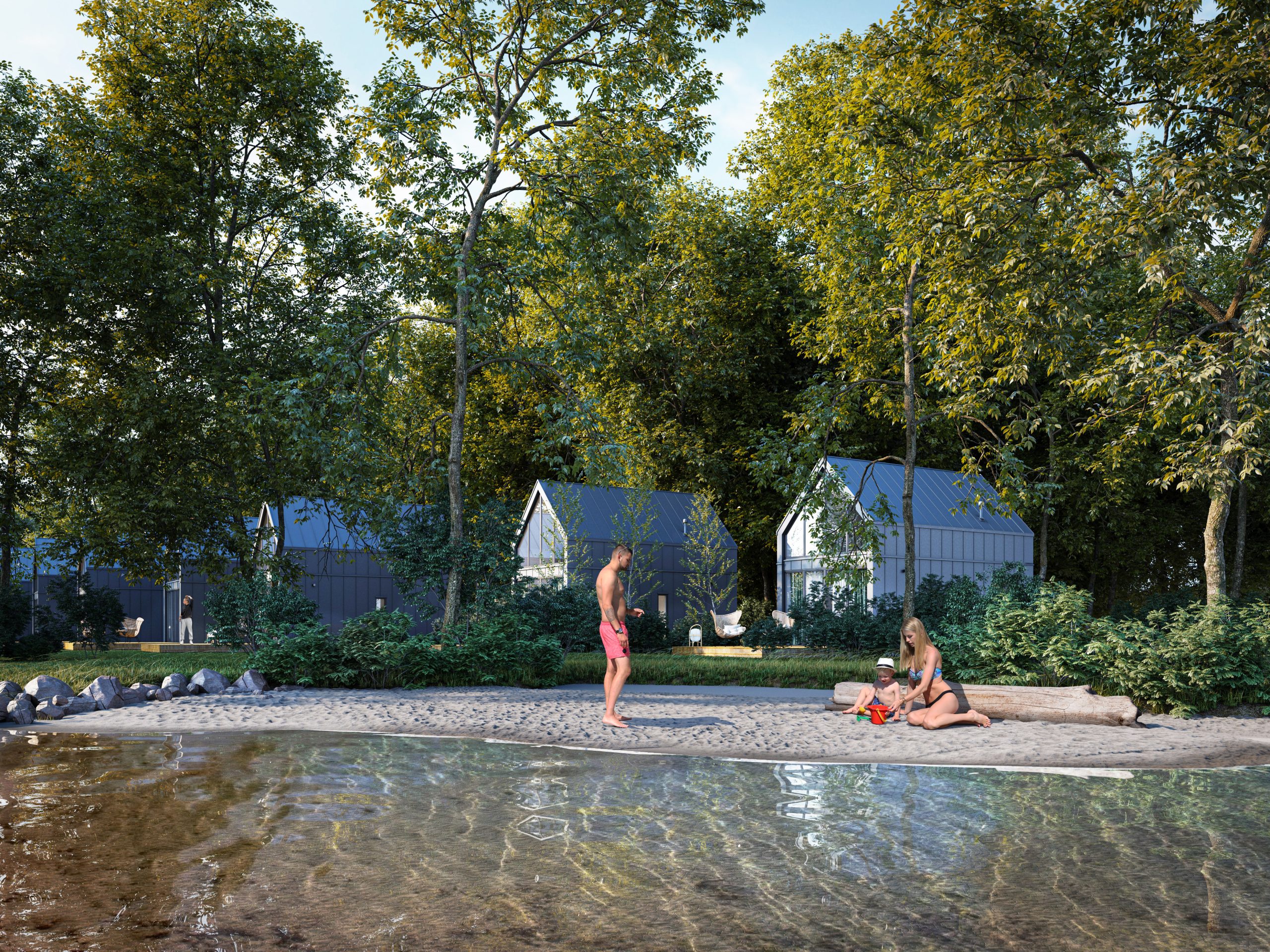 Piaszczysta plaża przy jeziorze na której wypoczywa rodzina.